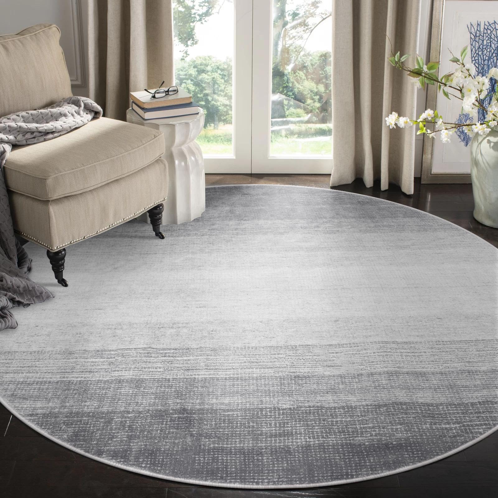 Wonnitar Modern Ombre Washable Round Area Rug 5ft, Grey Round Rugs for Living Room, Non-Slip Large Circle Bathroom Throw Mat, St