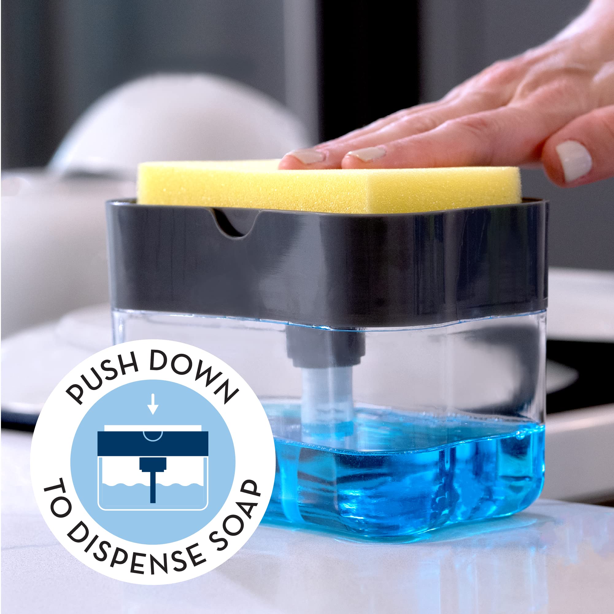 S&T INC. Dish Soap Dispenser and Sponge Holder for Kitchen Sink  Sponge Included  13 ounces  Grey