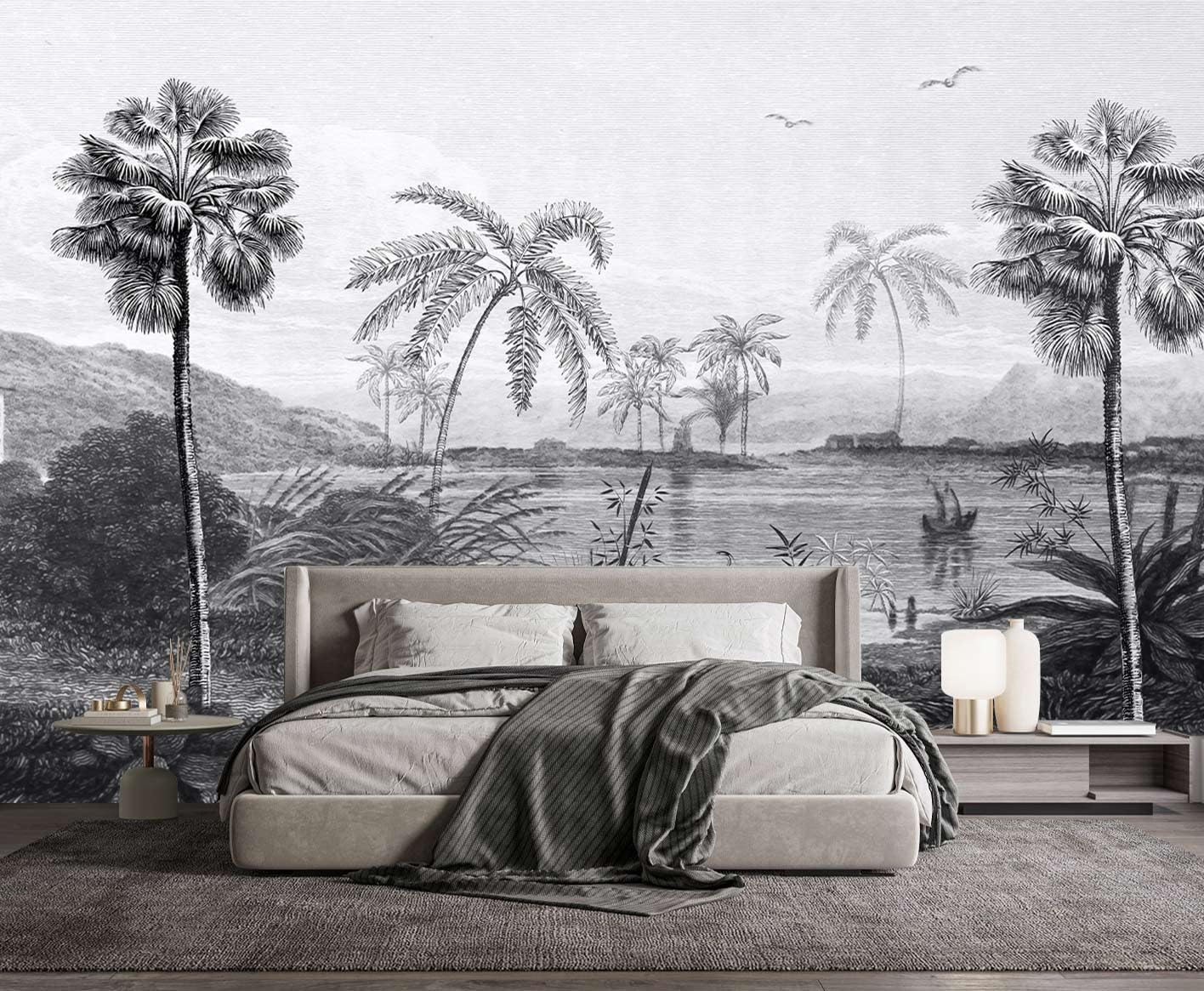 MFWFM Vintage Black and White Forest Wallpaper Hand Painted Palm Tree Lake Mountain Wall Mural for Bedroom Living Room (Not Peel
