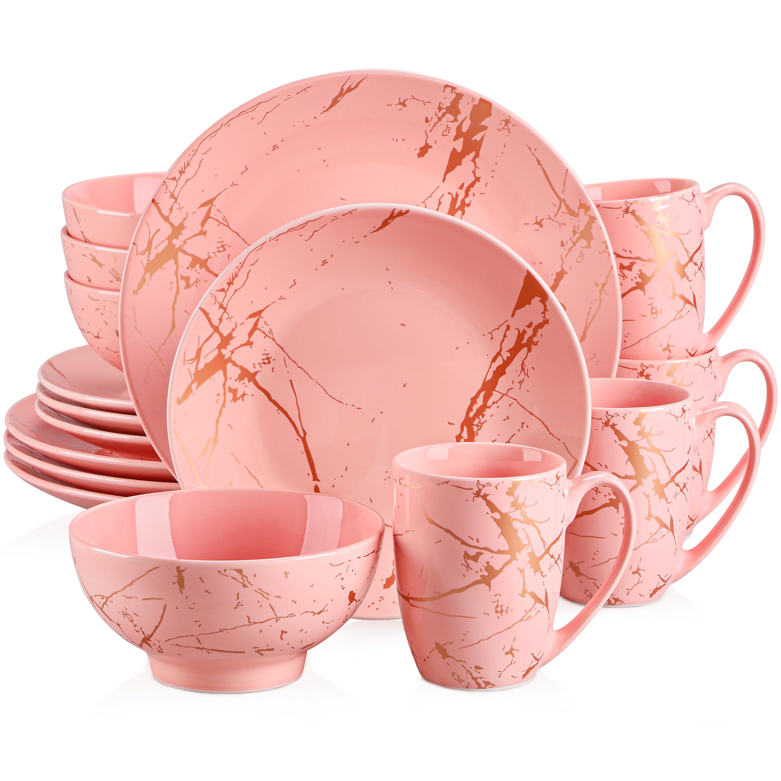LOVECASA Pink Dinnerware Sets for 4, 16 Piece Porcelain Dish Set Plates and Bowls Sets with Mugs, Gold Splash Glaze Round Dish S