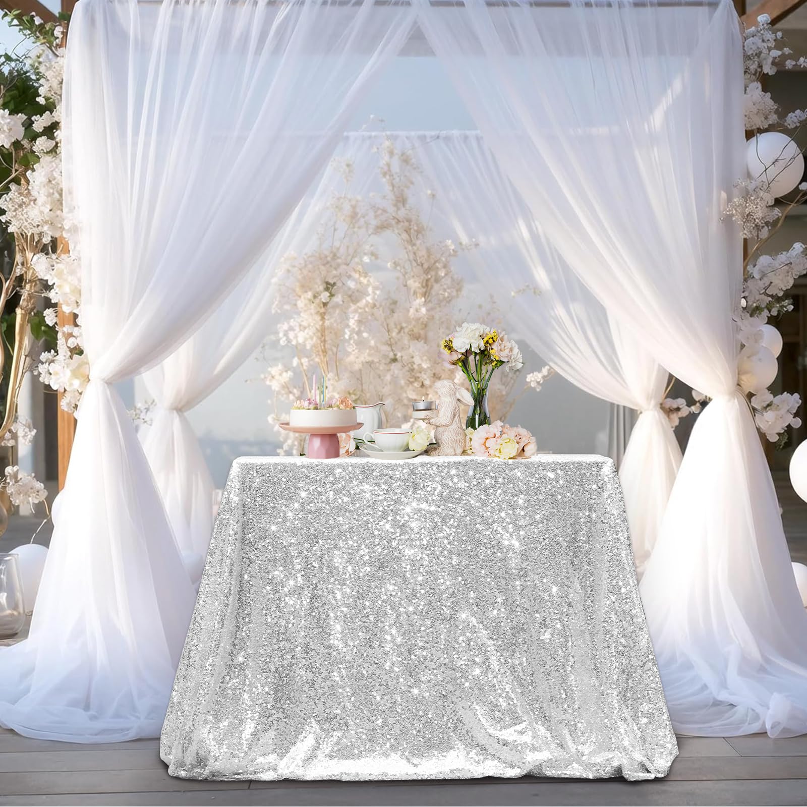 PartyDelight Silver Sequin Tablecloth Square Sparkly Table Cloth Overlay 90x 90