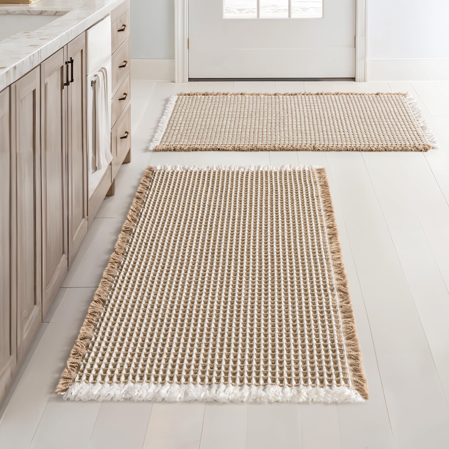 MIULEE Set of 2 Waffle Bathroom Rugs, Boho Bath Rugs Non Slip Washable, Super Absorbent Bath Mats, Ultra Soft Rubber Backed Show