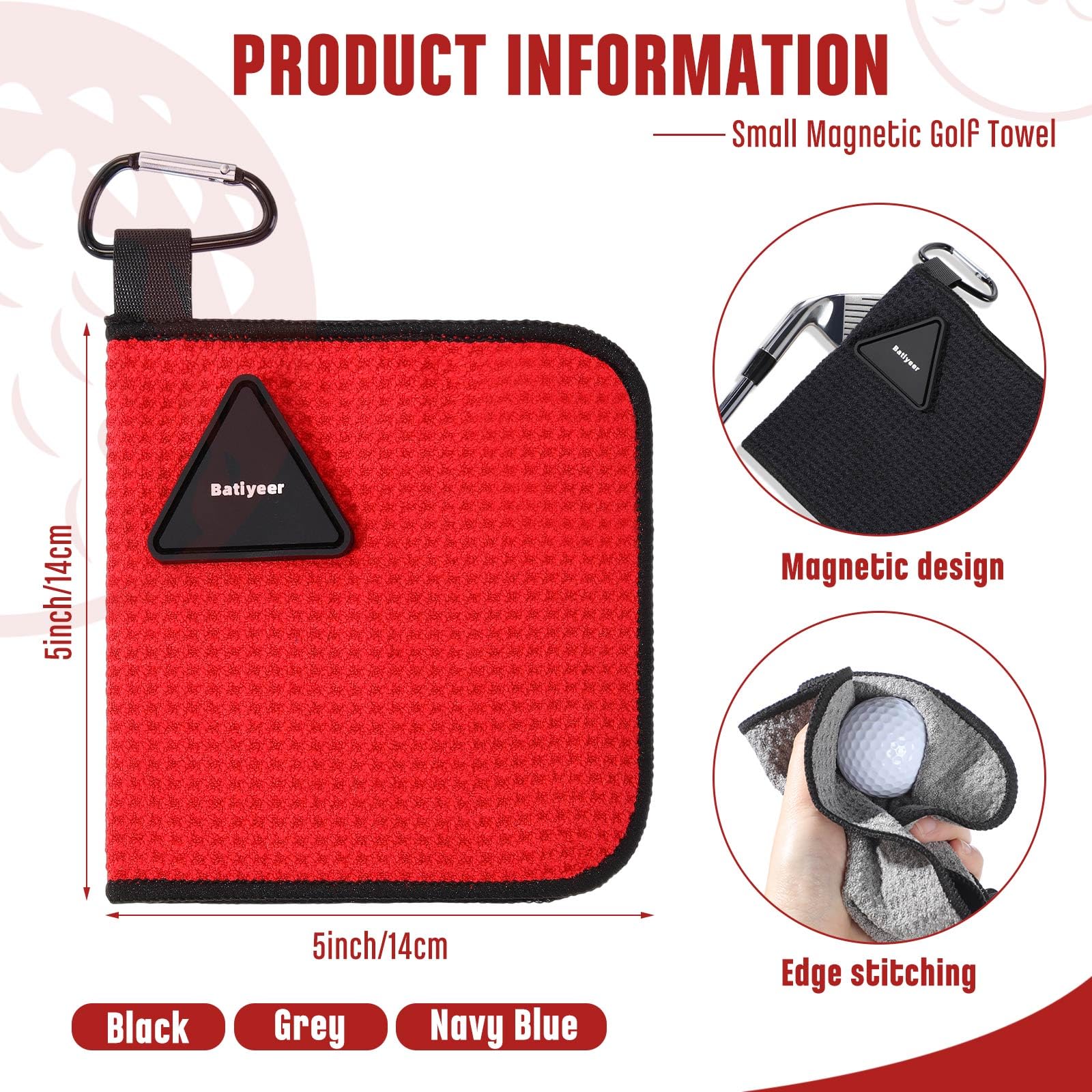 Batiyeer 3 Pack Small Magnetic Golf Towels Gift for Men 5.5 x 5.5 Inch Microfiber Waffle Material with Clip Pocket Golf Towel wi