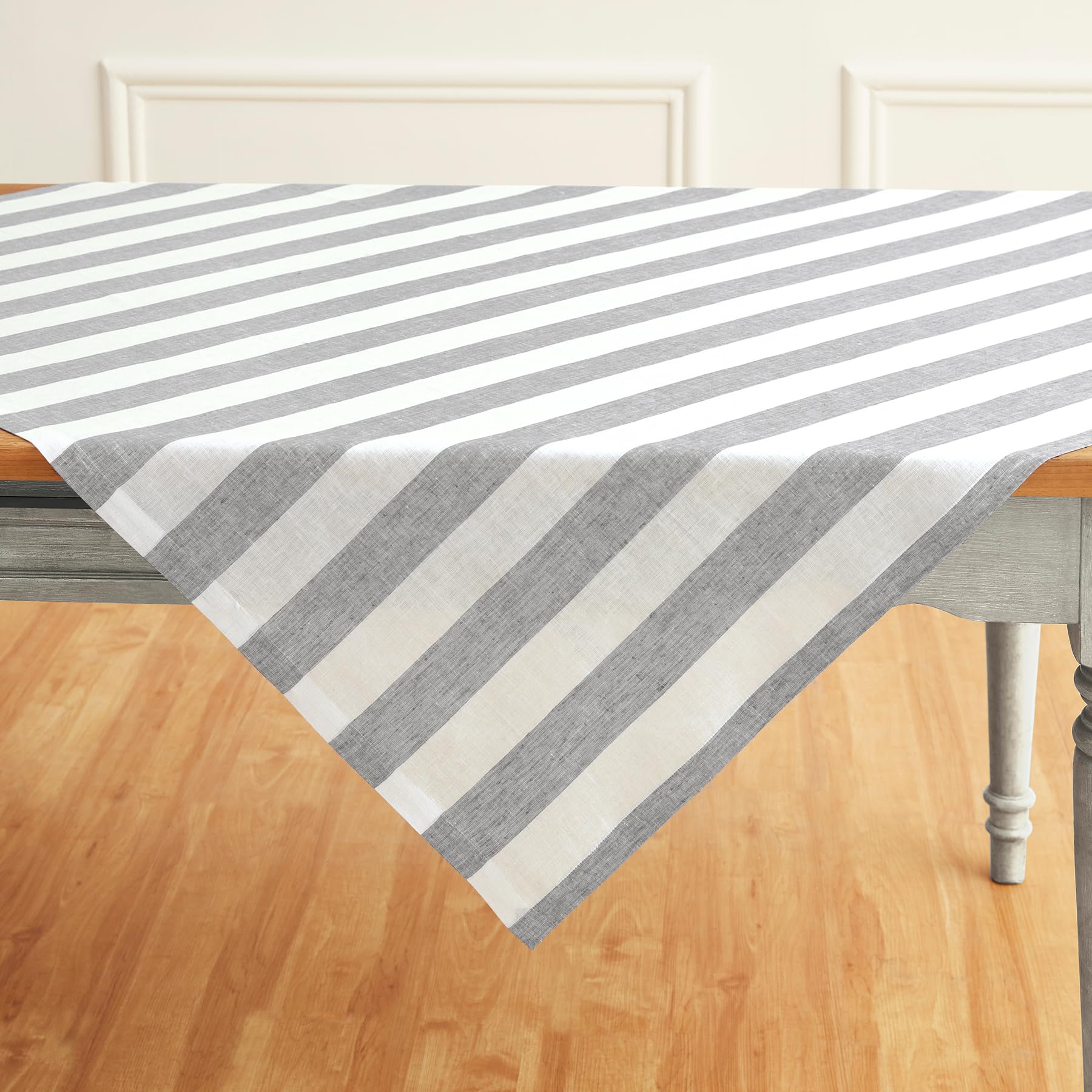 Solino Home Cabana Stripe Linen Tablecloth 52 X 52 Inch - 100% Pure Linen Grey And White Table Throw For Spring, Easter - Handcr