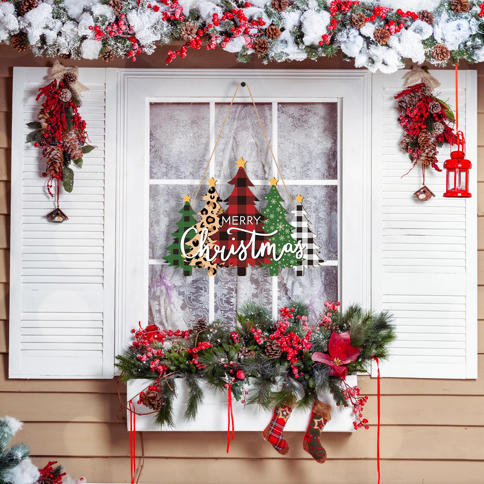Wooden Christmas Tree Door Wreath for Front Door Sign Wall Signs, Merry Christmas Sign Black White Buffalo Plaid Welcome Hanging