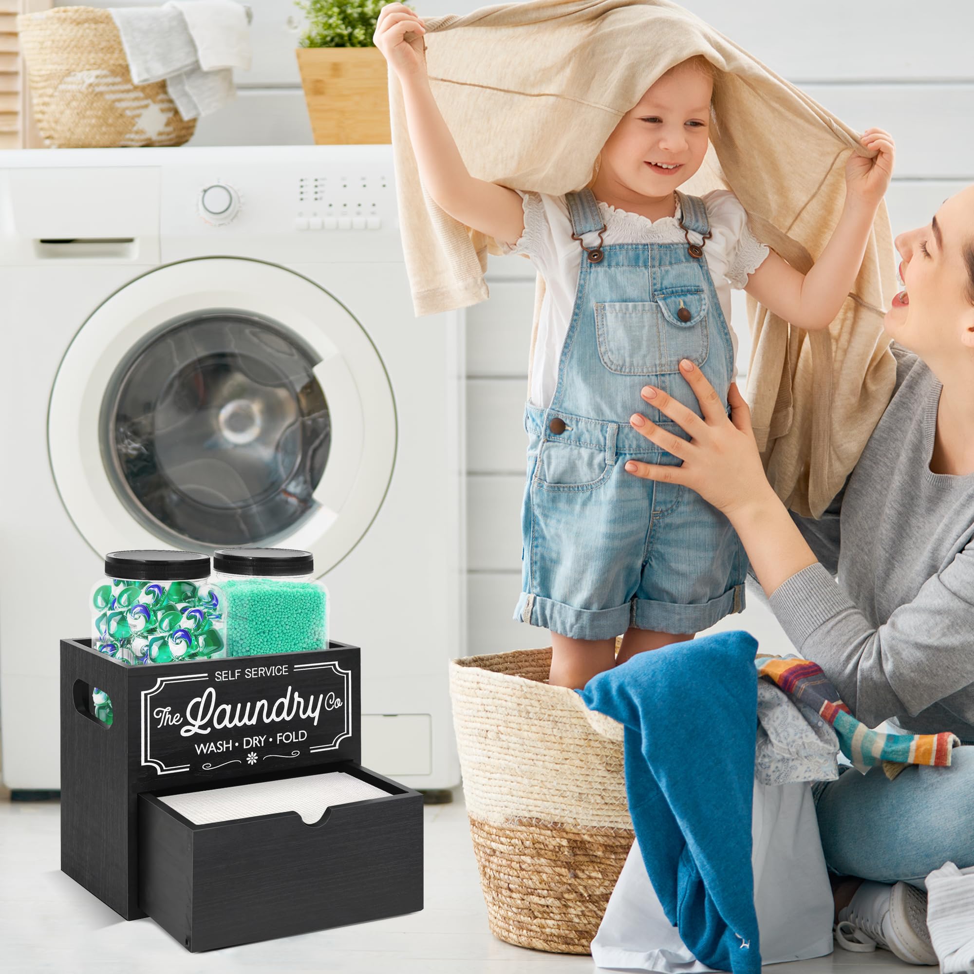 Dryer Sheet Container For Laundry Room Organization, Laundry Pods Container Include 2 Plastic Jars With Lids For Laundry Room St