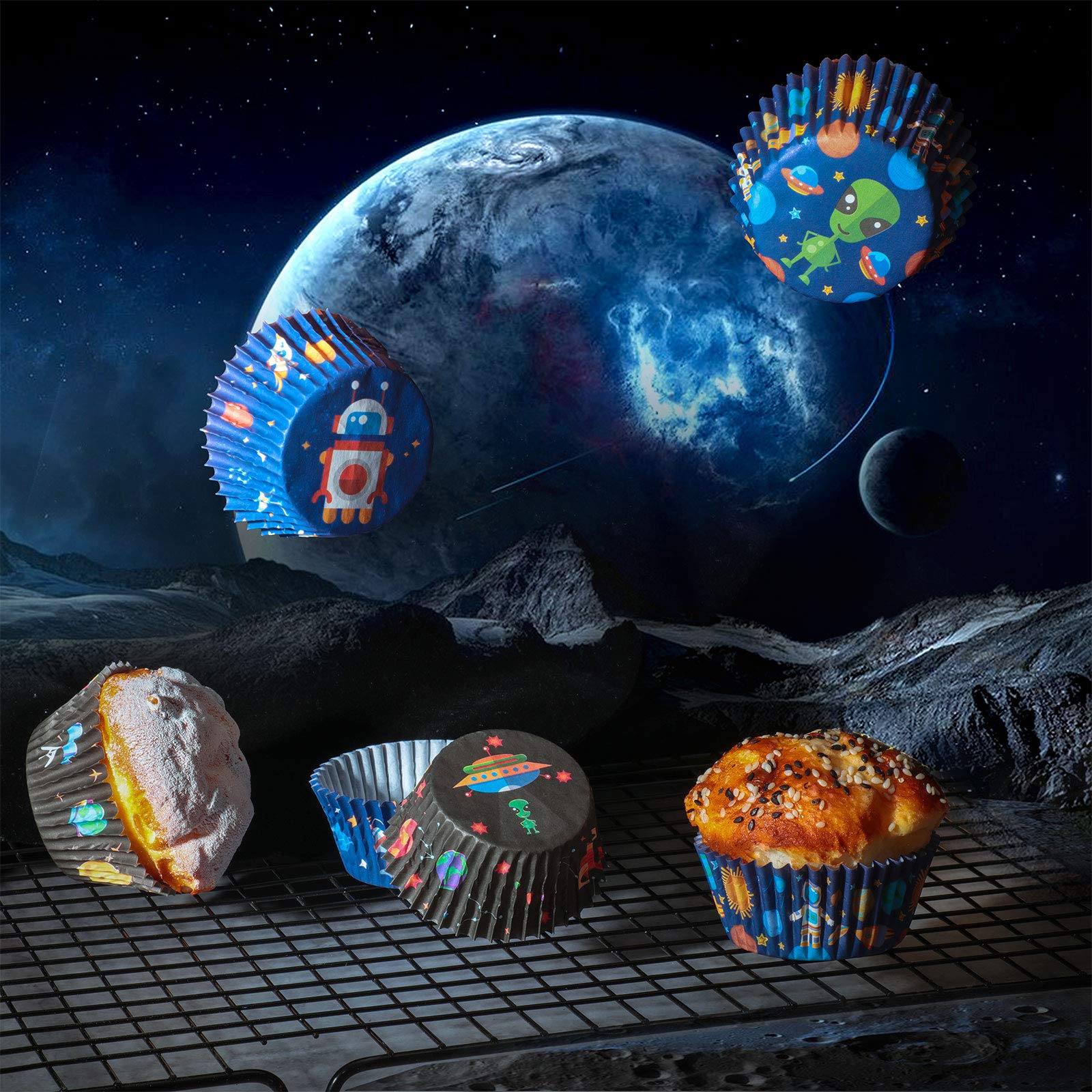 600 Pieces Space Adventure Cupcake Liners Outer Space Planet Rocket Astronaut Baking Cups Cupcake Wrappers Wraps Muffin Case Tra
