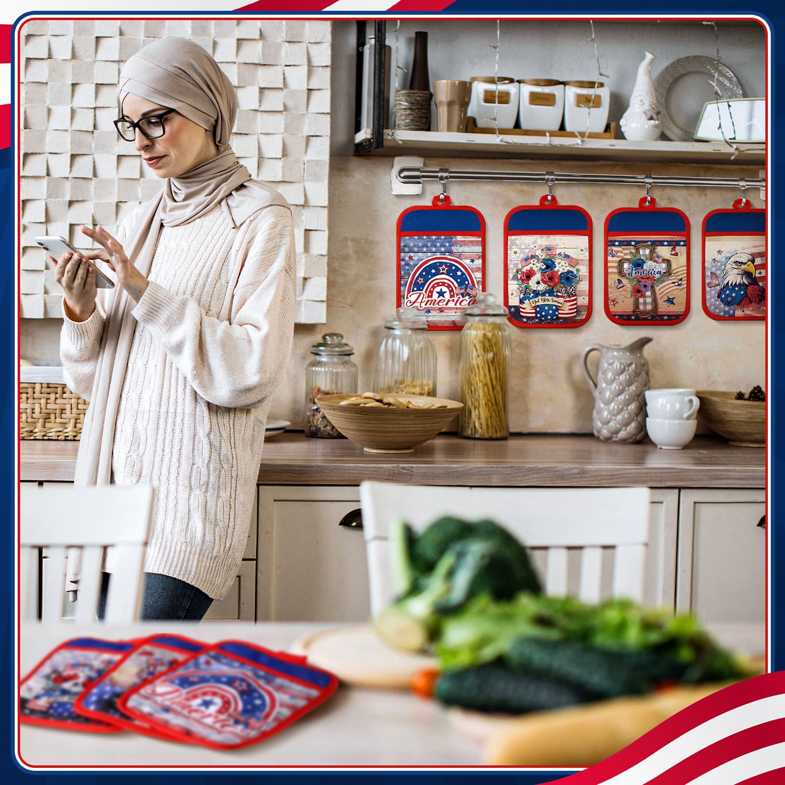 Jingmore 12 Pcs Veterans Day Pot Holders with Pocket Patriotic Pot Holders Bulk for Kitchen American Flag Stars Hot Pads and Ove