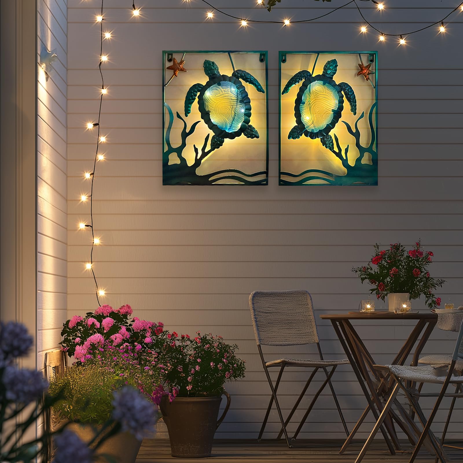 LIFFY Metal Sea Turtle Beach Themed Bathroom Wall Art Decor with Frame-Outdoor Wall Art with LED Fairy Lights, Fish Glass Art Wa
