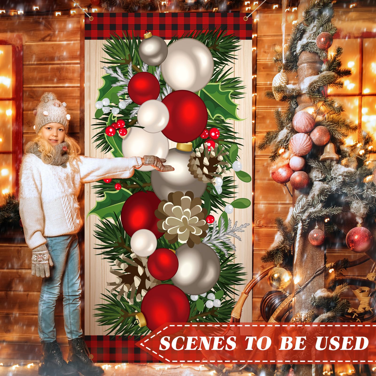 Buryeah Christmas Door Cover Christmas Ball Door Decorations Xmas Photography Background Banner Porch Sign for Front Outdoor Win