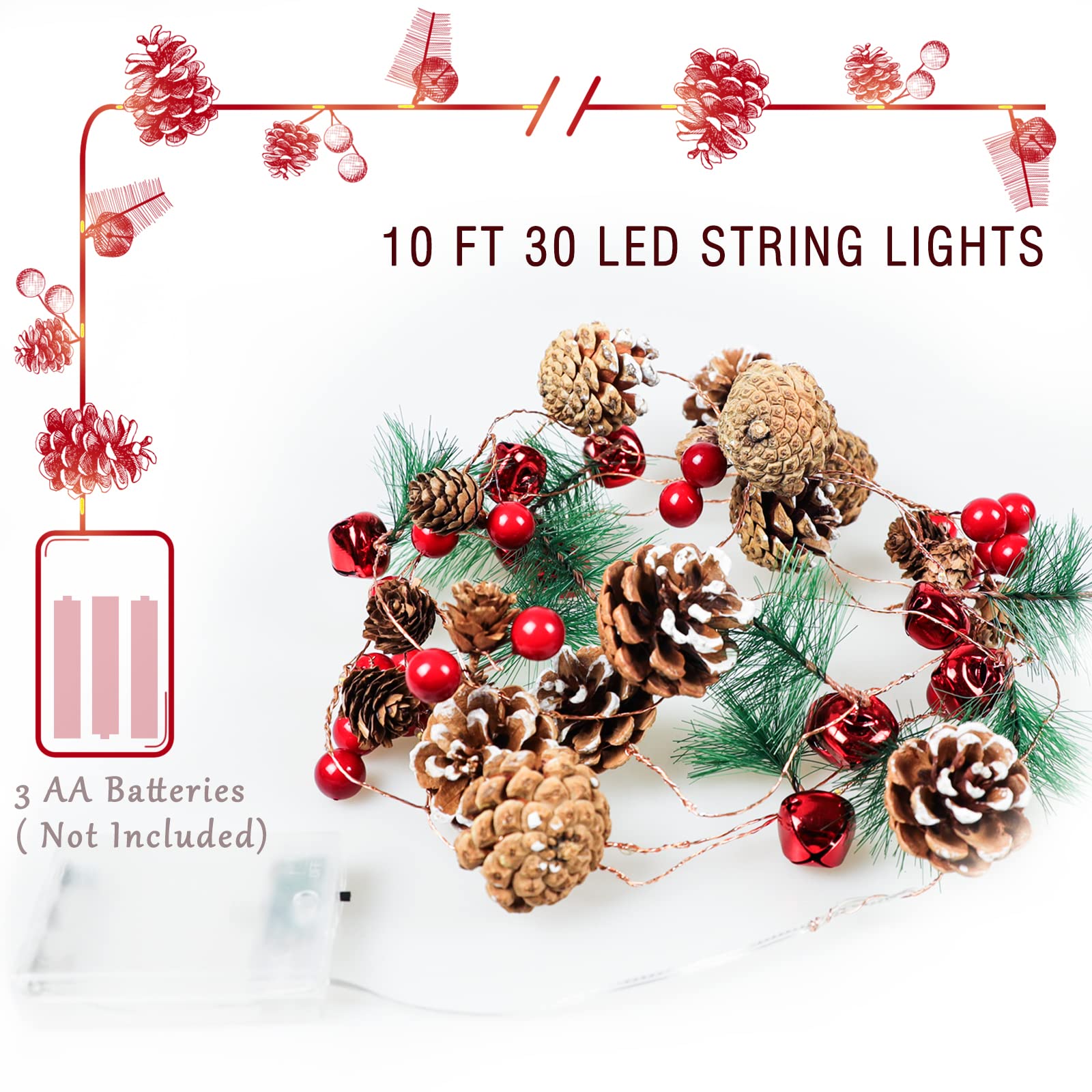 KITCADA Christmas Garland with String Lights 10 Ft 30 LED Pine Cone Red Berry Bells Garland Lights, Indoor Christmas Decorations