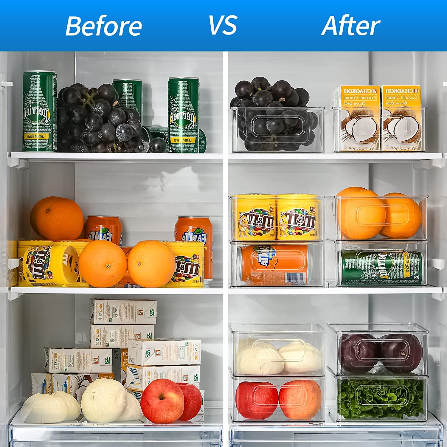 Snazzy Clear Plastic Fridge Storage Organizer Bins Pantry Kitchen Countertop Cupboard Boxes Set OF 6