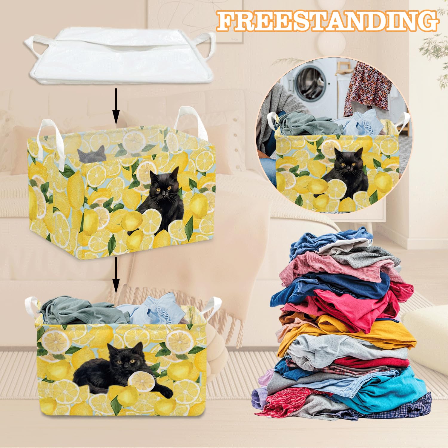 Black Cat Yellow Lemon Laundry Storage Basket, Waterproof Collapsible Hamper With Handles, Dirty Clothes Tote For Laundry Bathro