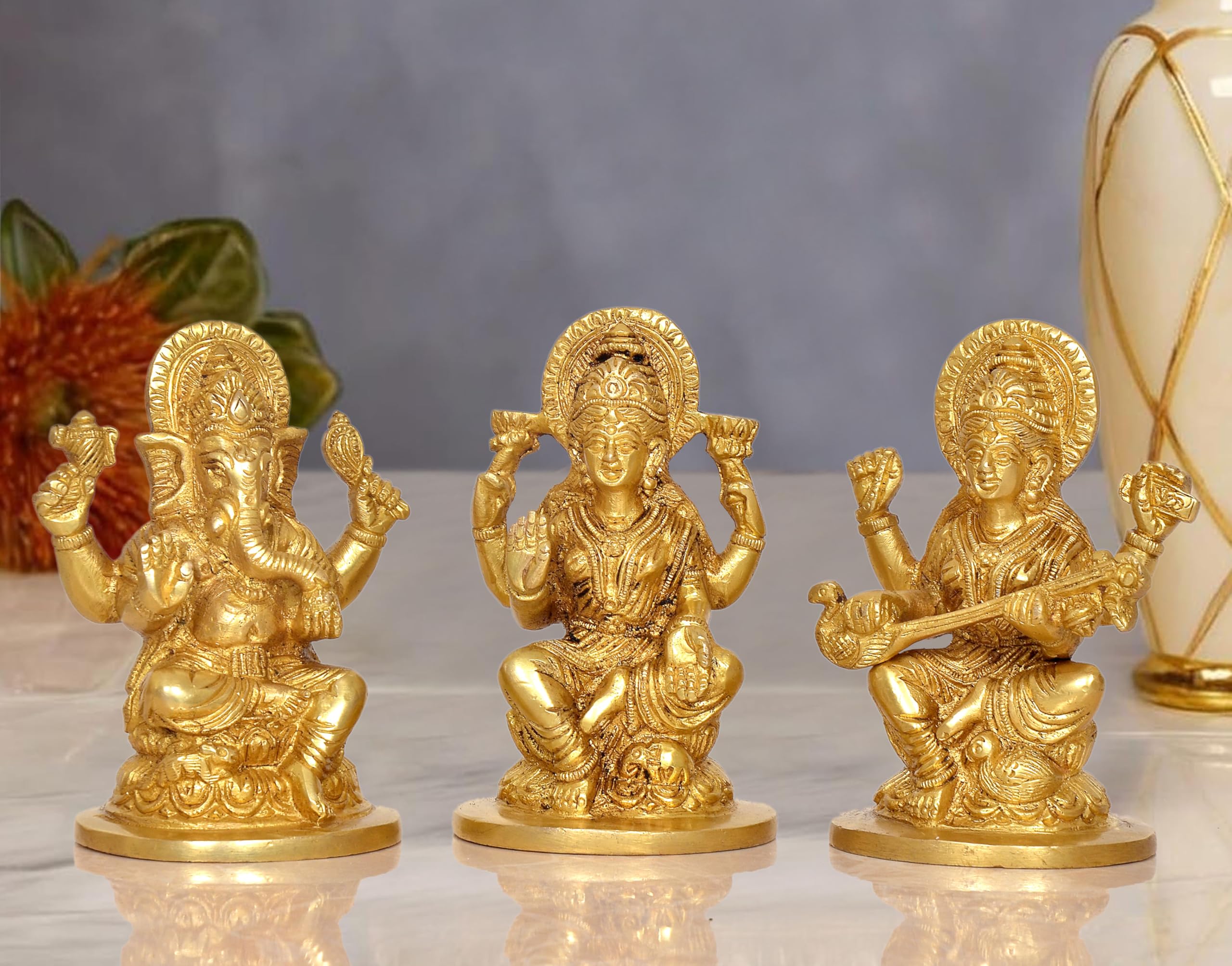 Aona Goddess Lakshmi Ganesha Saraswati Brass Idol Lakshmi Ganesh Murti For Diwali Pooja, Height 5 Inch