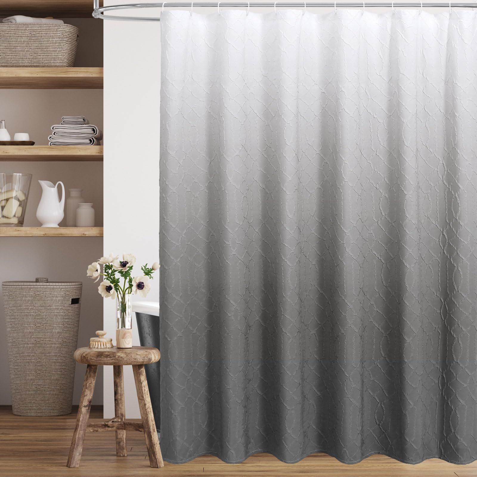 Gibelle Ombre Grey Shower Curtain For Bathroom, 3D Embossed Geometric Textured Fabric Shower Curtain Set With Hooks, Modern Farm