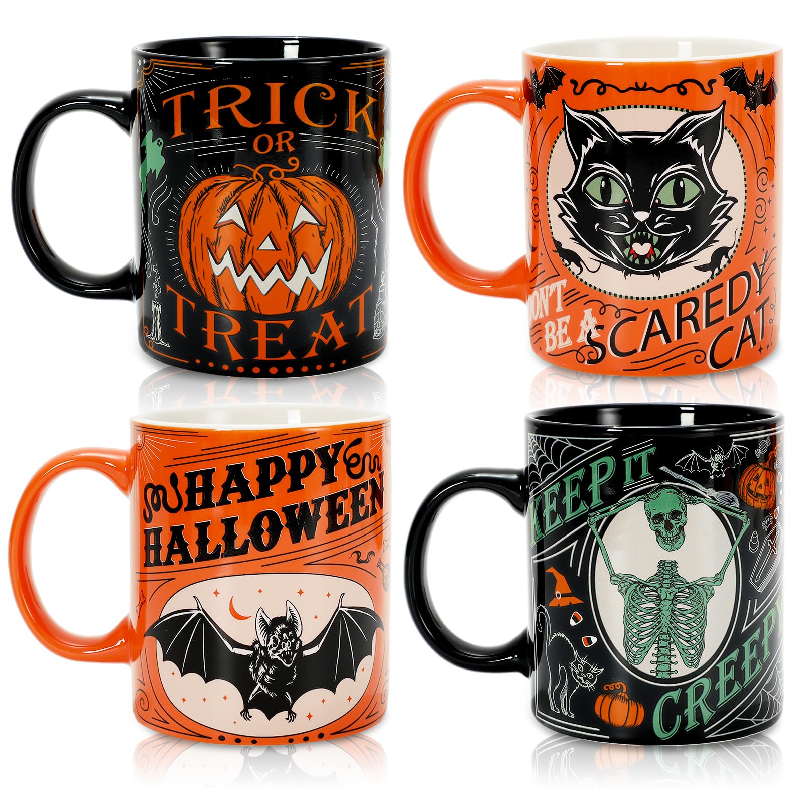 Whaline 4Pcs Halloween Mug Pumpkin Black Cat Bat Skeleton Coffee Mug Orange Black Ceramic Drinking Mugs for Halloween Party Supp