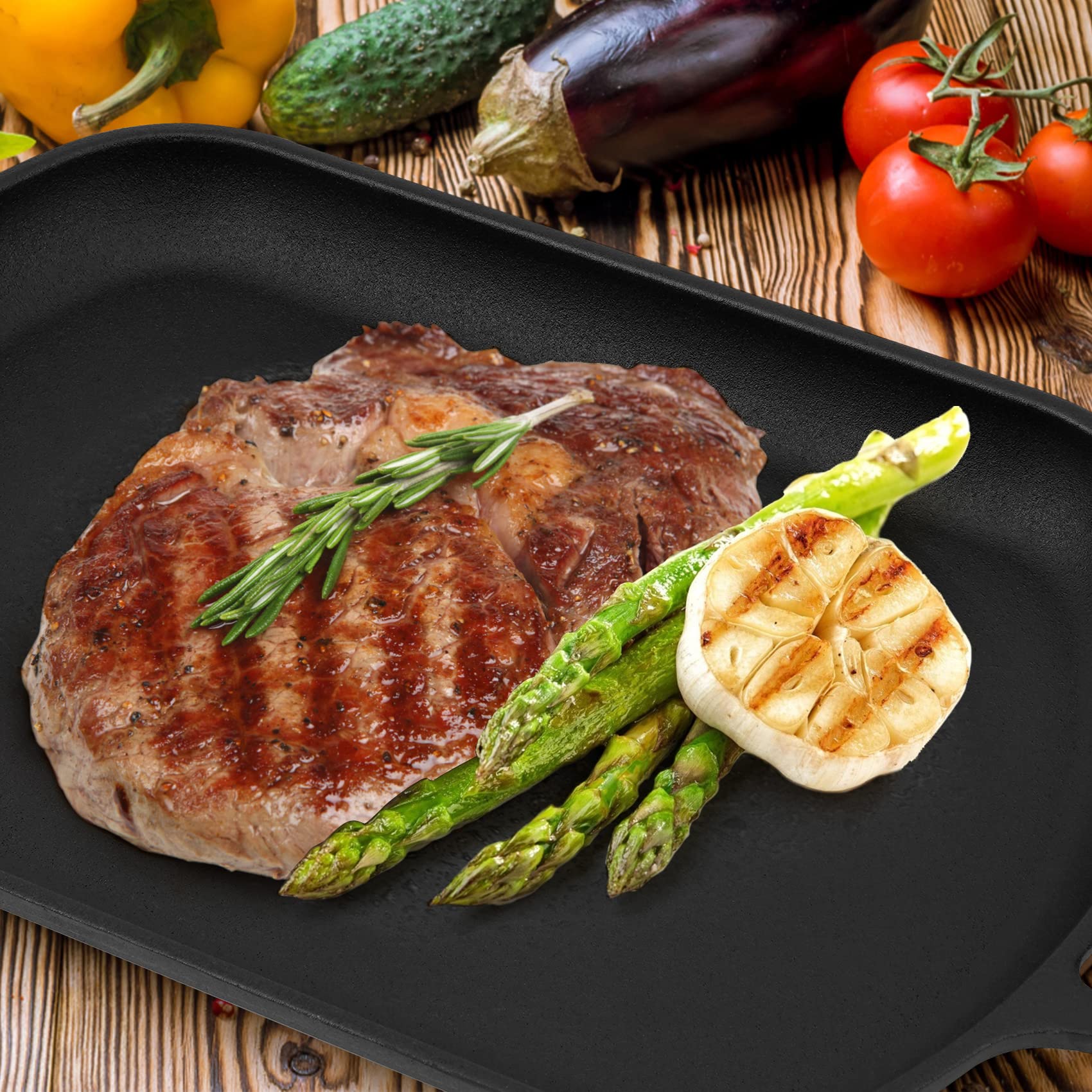 Mimiuo Cast Iron Sizzler Pan For Pizza Oven And Grill, 14 Inch Non-Stick Sizzling Fajita Skillet Rectangular Griddle Pan With Re