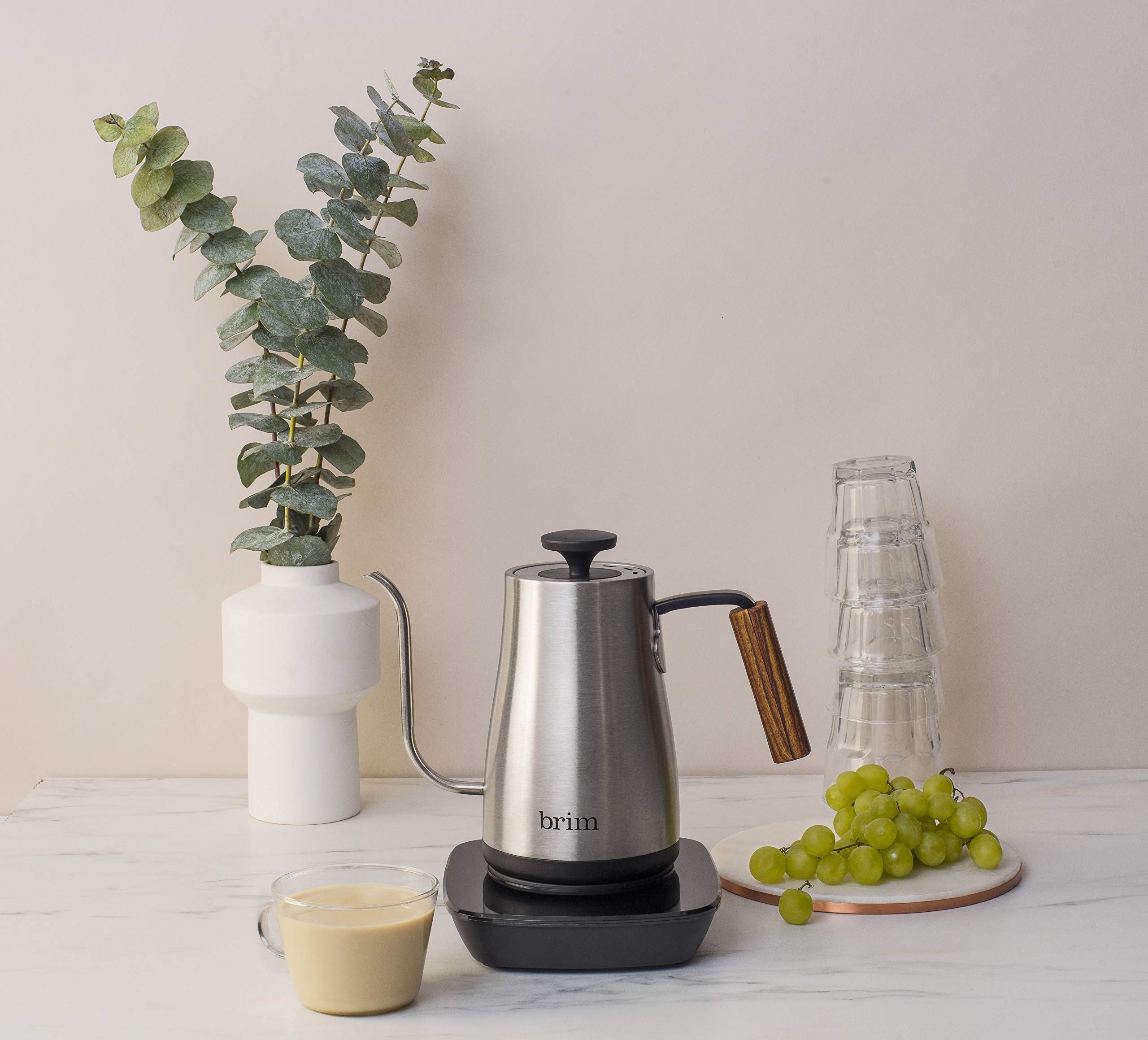 Brim 08L Gooseneck Kettle W Wood Handle, Easy Brewing Pour Over Coffee, Tea Or Hot Beverages, 6 Variable Temperature Presets, Ca