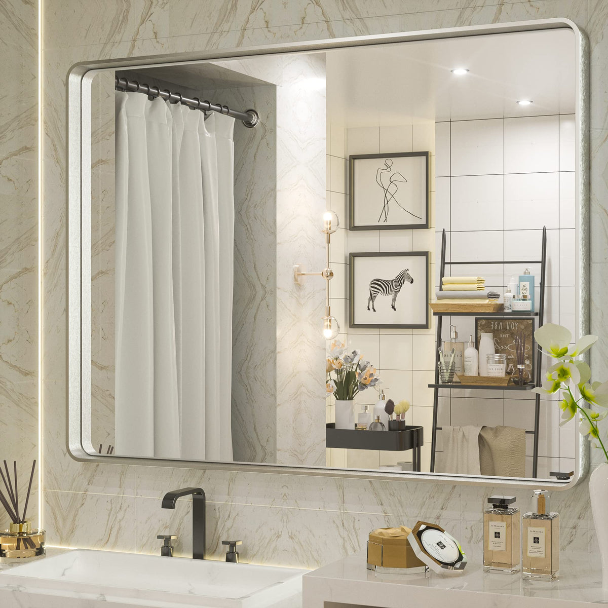 Tetote 40 X 30 Inch Bathroom Mirror, Silver Framed Wall Mounted Brushed Silver Metal Rectangle Modern Vanity Mirror (Horizontal/