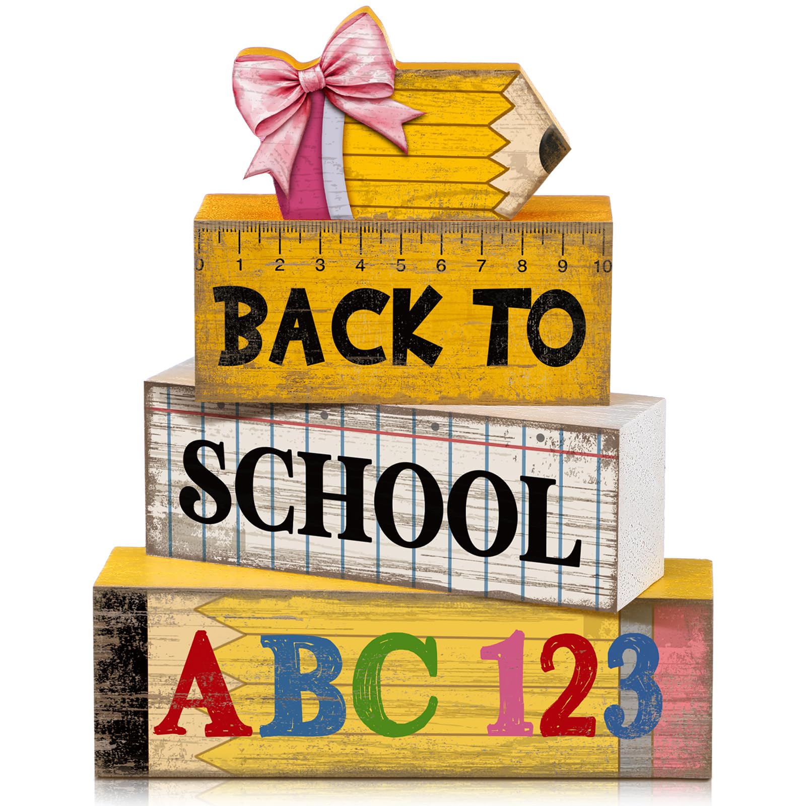 Lineshading 4 Pcs Back to School Table Decorations Wooden Pencil Stacked Block Decor, ABC 123 Signs with Pencil Topper, Rustic B