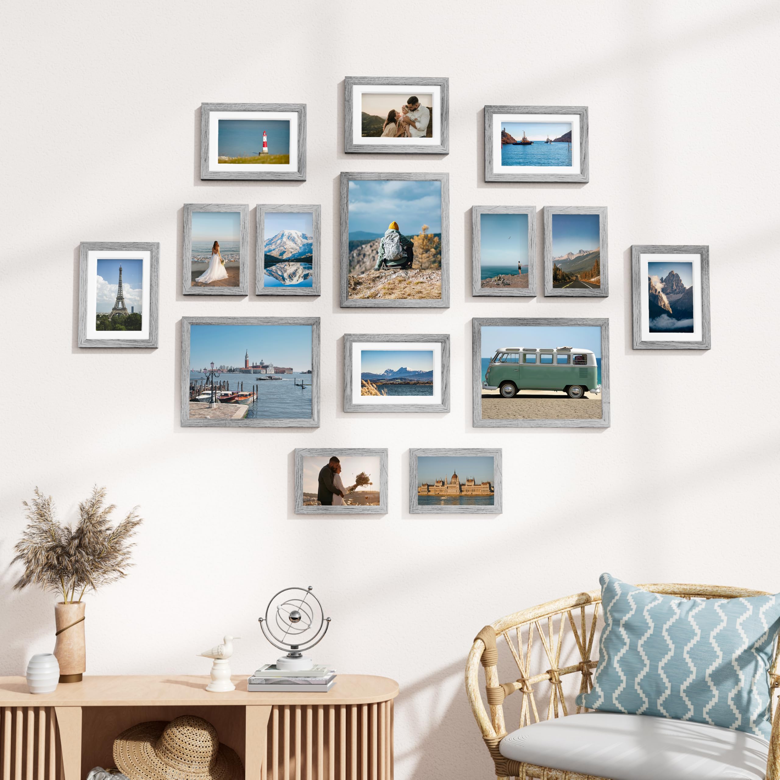 Vittanly 15 Pack Picture Frames Collage Wall Decor for Mounting or Tabletop Display, Gallery Frame Set for Family, Multi Sizes I