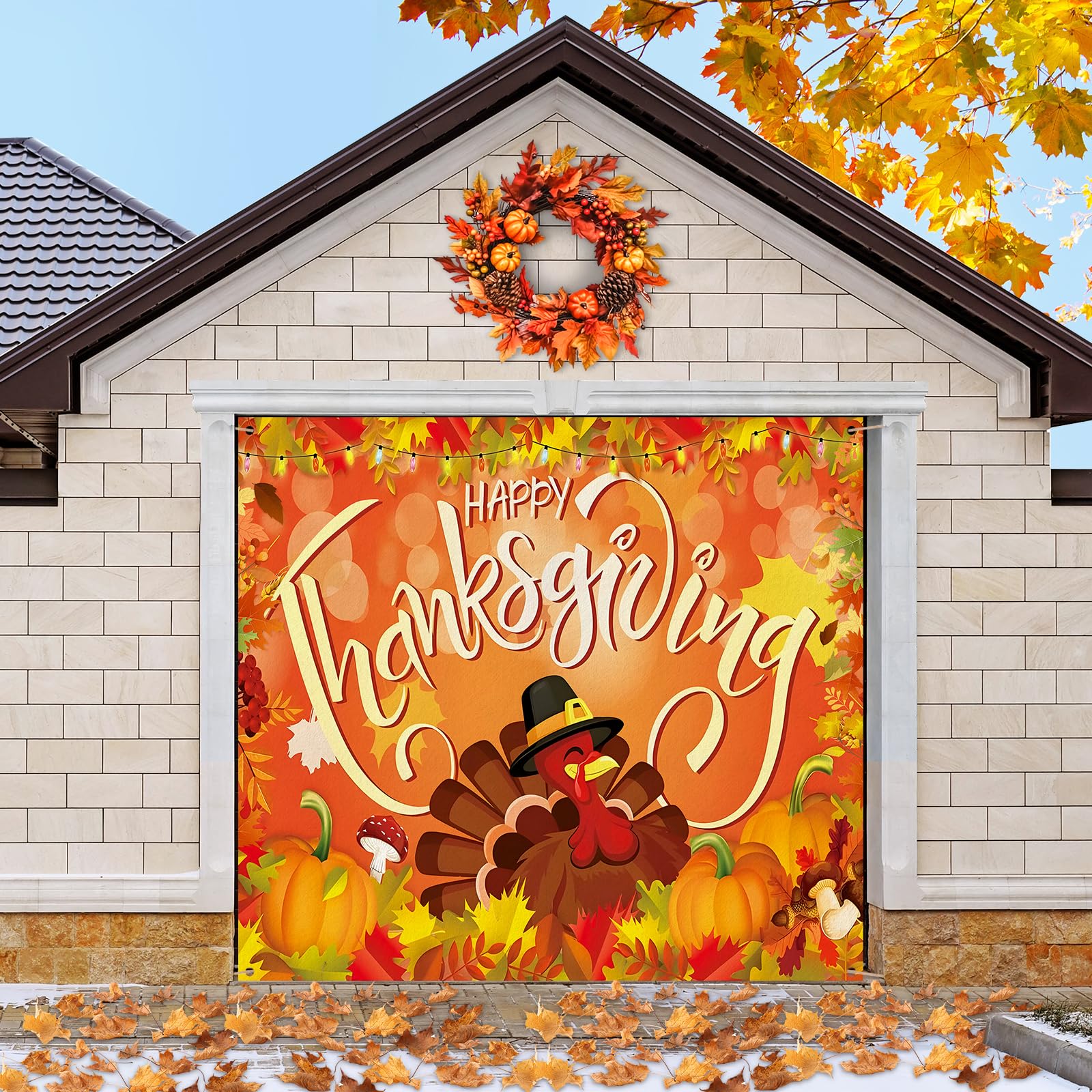 Preboun 7 x 8 ft Happy Thanksgiving Garage Door Cover Turkey Day Garage Door Banner with String Light Fall Large Autumn Holiday 