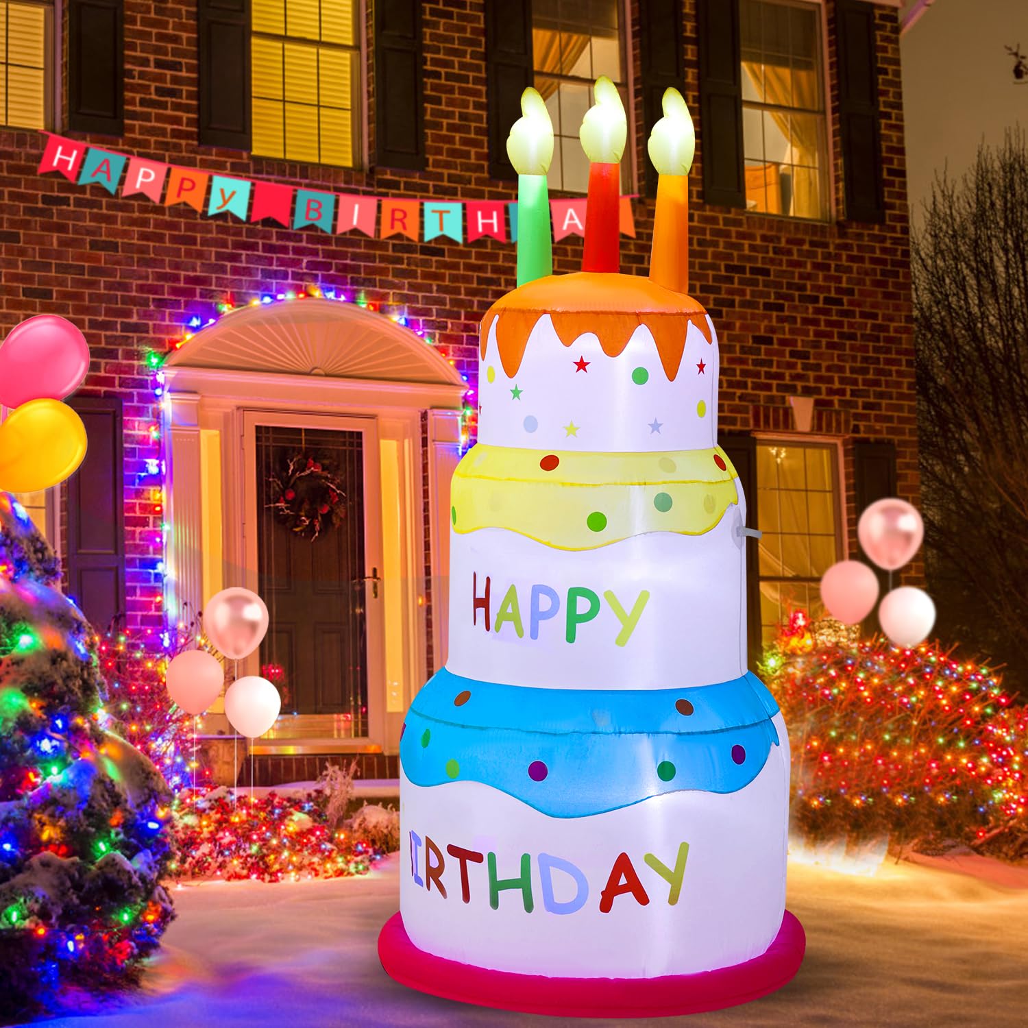 InfleasJoiy 6FT Happy Birthday Inflatable Cake with Candles, Built-in LED Lights, Suitable for Indoor Outdoor Yard Lawn Decorati