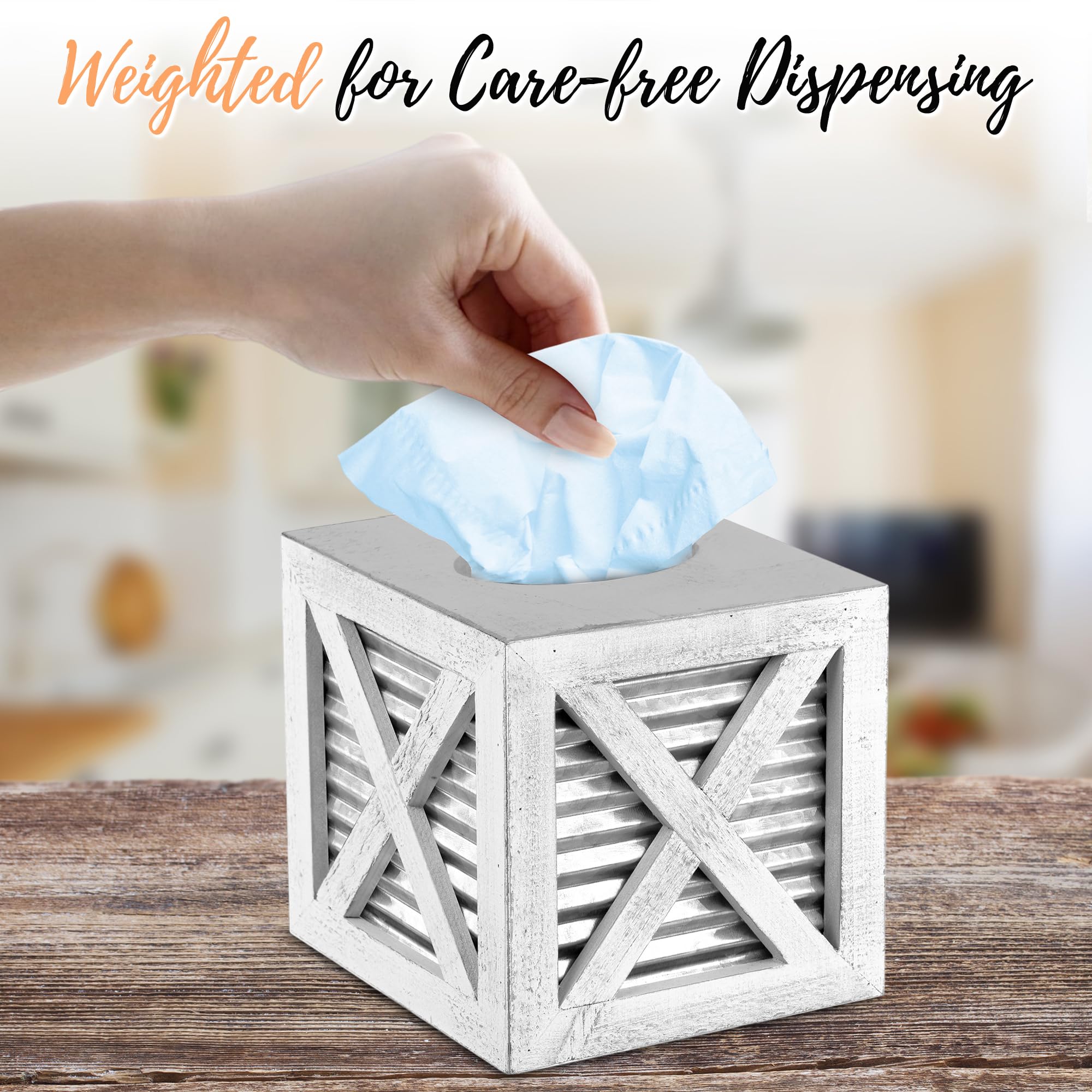 Autumn Alley Barn Door Square Farmhouse Tissue Box Cover In White And Galvanized - Farmhouse Bathroom Accessories - Rustic Bathr