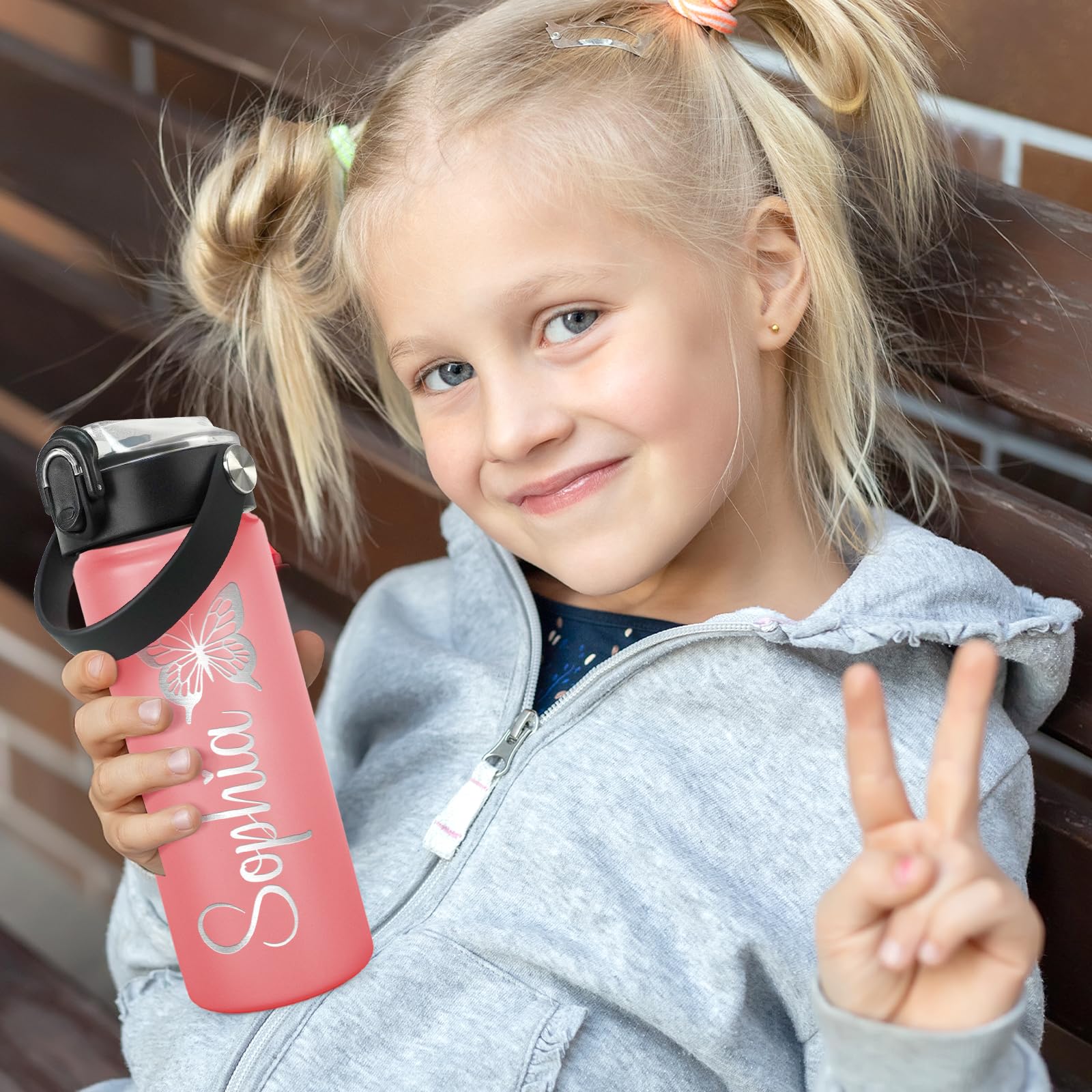 DOCRAGI Personalized Water Bottles for Kids, Custom Water Cups with Name and 25 Icon Engraved, 18 oz - 16 Colors, Double Wall In
