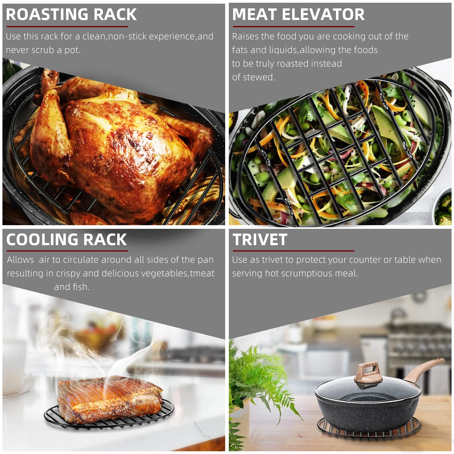 Dimeshy Roasting Rack, Black With Integrated Feet, Enamel Finished, Nonstick, Fit For 13 Inches Oval Roasting Pan, Safety, Dishw