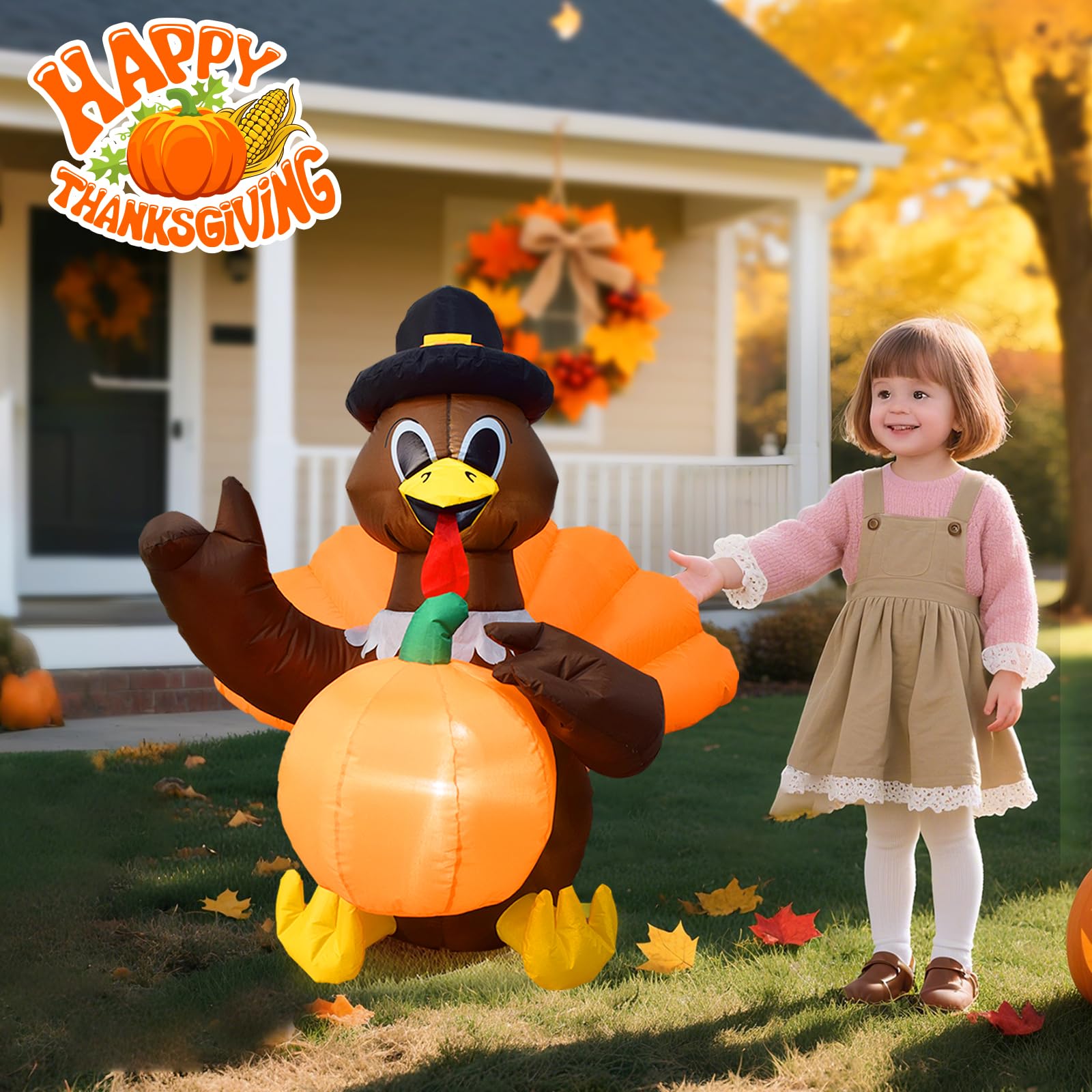 4FT Thanksgiving Turkey Inflatable with Built-in LED Lights, Blow Up Turkey with Pilgrim Hat Outdoor Holiday Decoration, Lawn Ya