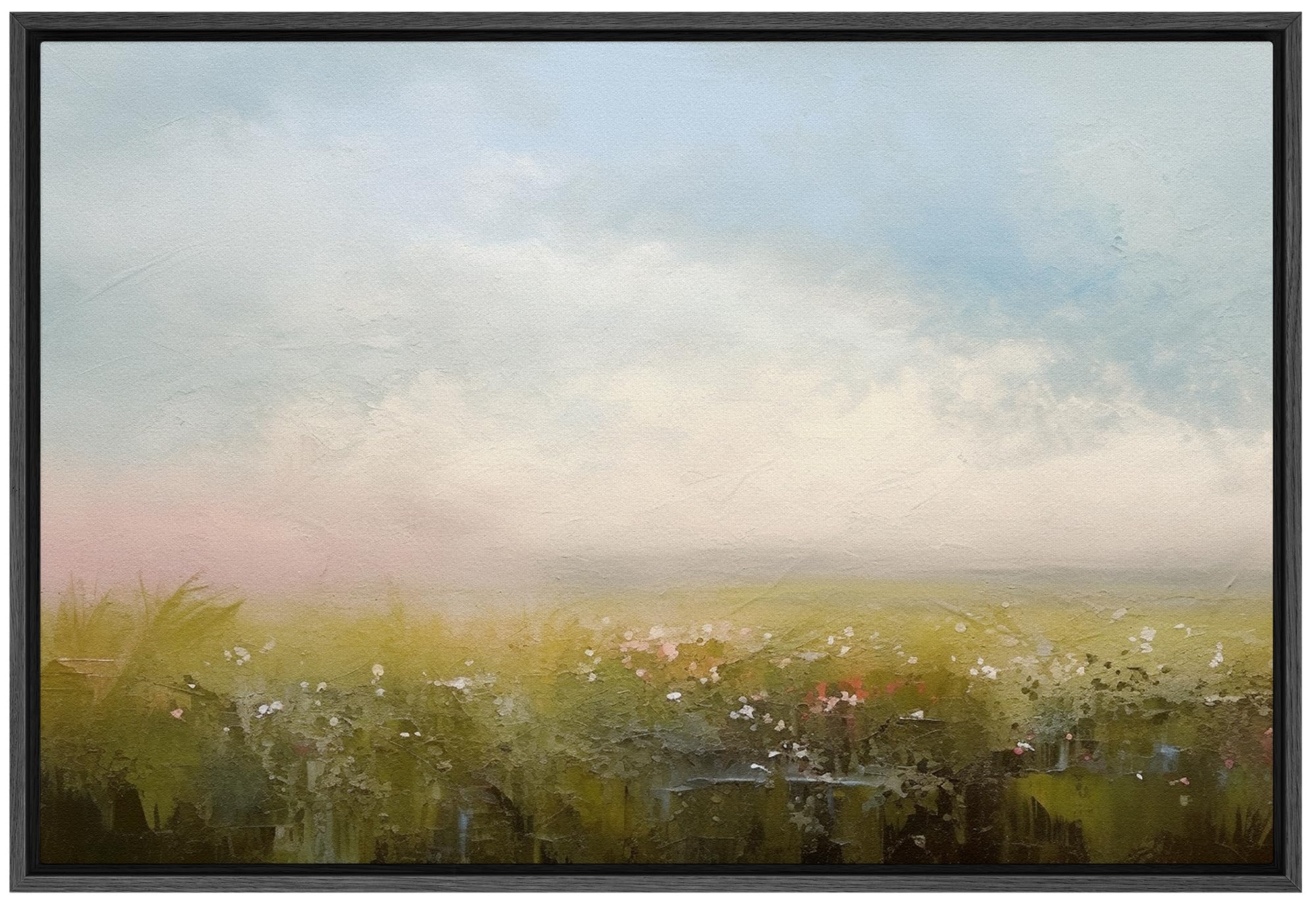 Signford Framed Canvas Print Wall Art Sunset Clouds Green Flower Meadow Nature Wilderness Illustration Minimalism Decorative Col