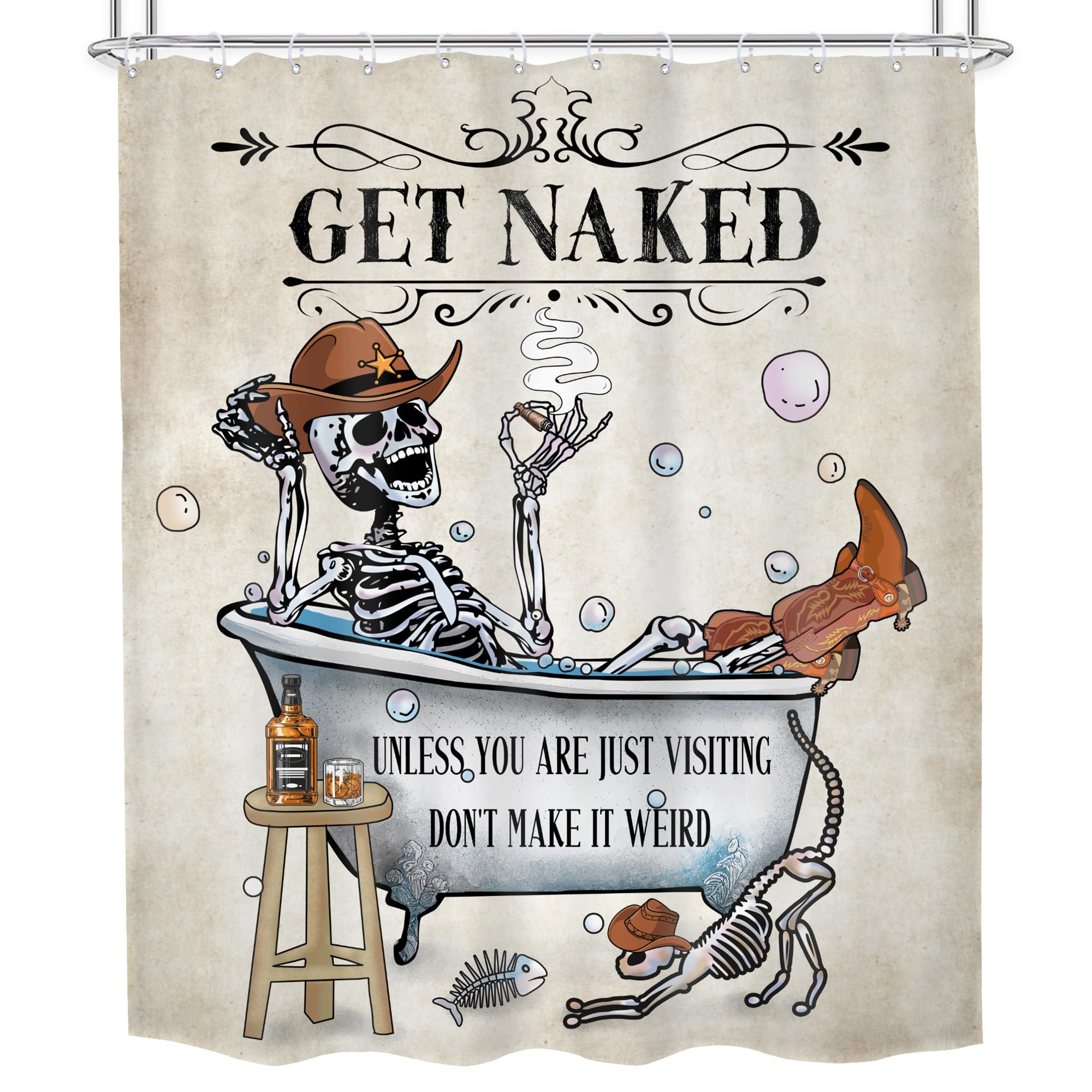 Mitpok Halloween Funny Skull Skeleton Shower Curtain 72Wx72H Western Cowboy Texas Gothic Spooky Cool Bone In Bathtub Bubbles Ret