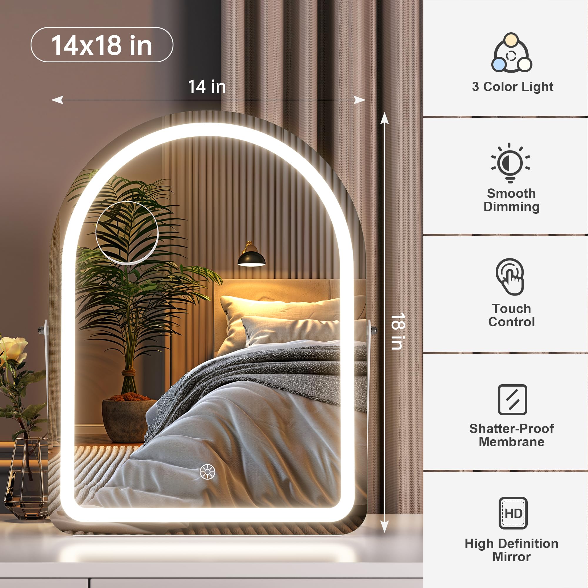 Hasipu Vanity Mirror With Lights And Bluetooth Speaker, 14''  18'' Arched Led Makeup Mirror, Lighted Makeup Mirror With Lights,