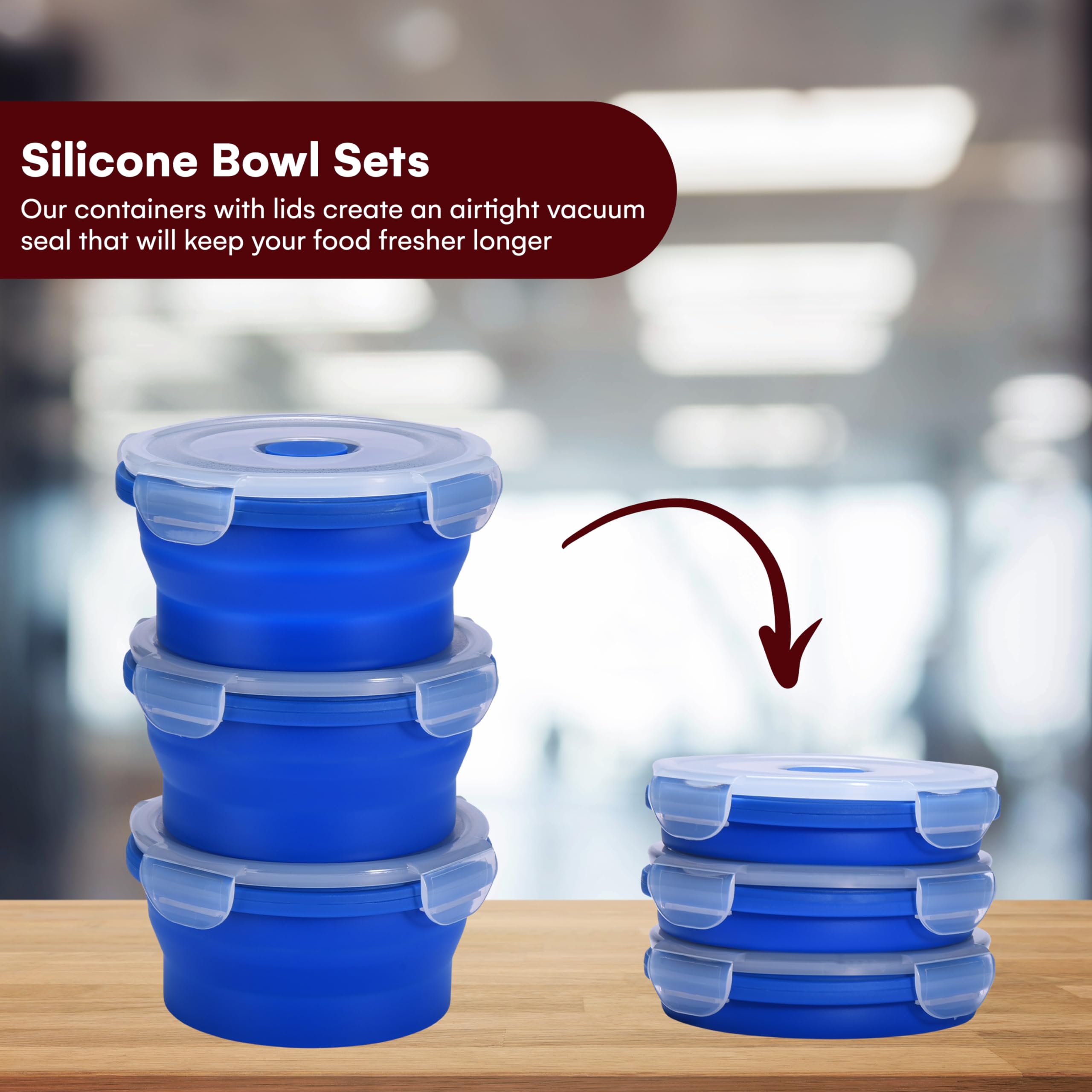 Collapsible Food Storage Containers With Lids - Silicone Bowls With Airtight Lid For Kitchen, Camping, Hiking - Bpa Free, Microw