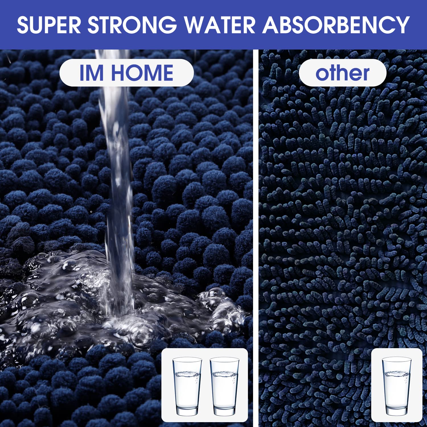 Accumtek Striped Navy Blue Bathroom Rug Set 3 Pieces Ultra Soft, Non Slip Chenille Toilet Mat, Absorbent Plush Shaggy Bath Mats