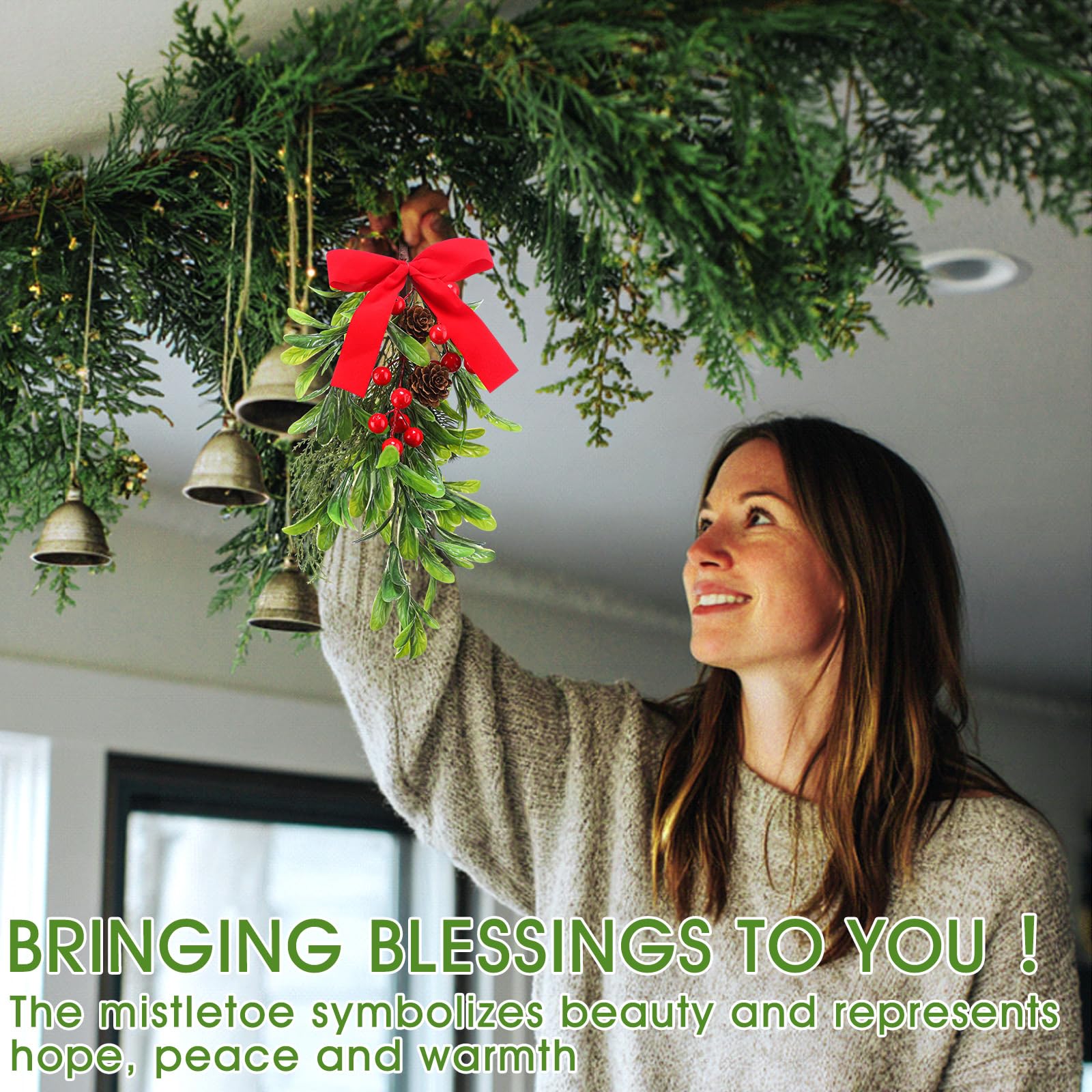 Daifunli 12 '' Large Christmas Mistletoe Decor Xmas Holiday Artificial Mistletoe Giant Kissing Hanging Bouquet Christmas Ornamen