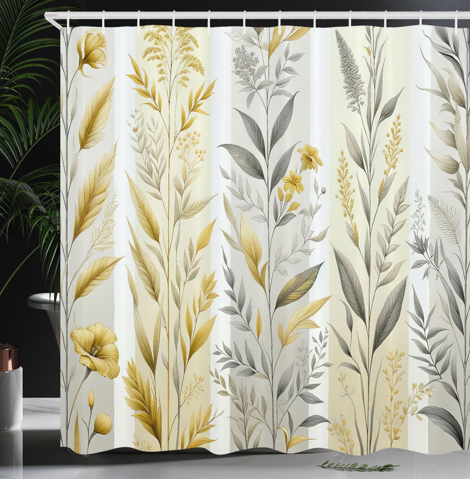Ambesonne Yellow Shower Curtain, Modern Farmhouse Concept Floral Leaves Composition With Striped Details, Cloth Fabric Bathroom