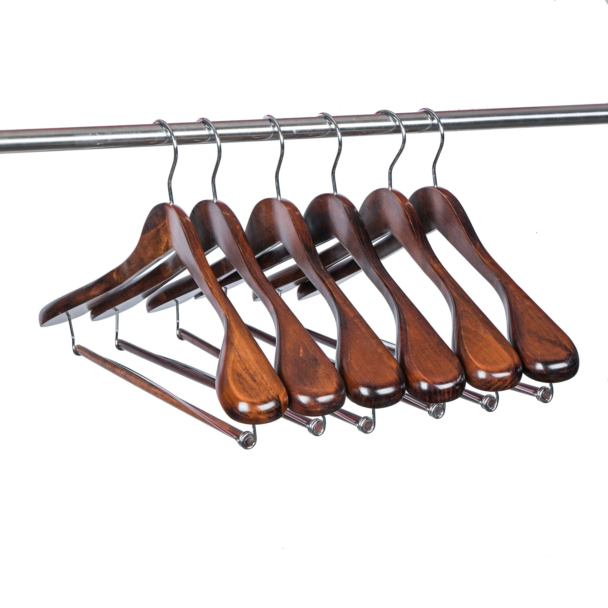 Luxury Wide Shoulder Wooden Hangers 6 Pack  with Locking Bar  Smooth Retro Finish Wood Suit Hanger Coat Hanger for Closet  Holds Up to 20lbs  360