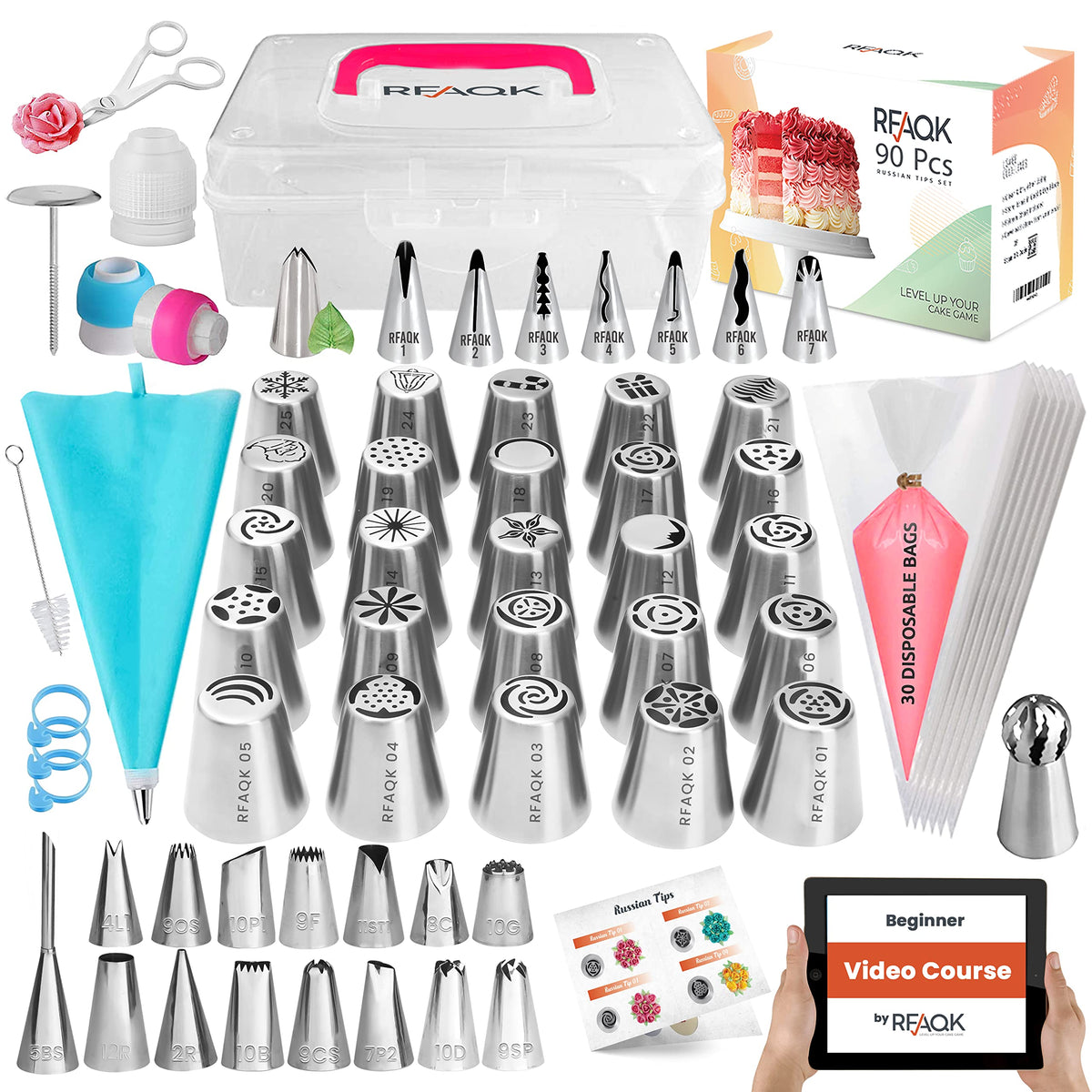 90Pcs Russian Piping Tips Complete Set - Christmas Cake Piping Bags And Tips Set, Cookie, Cupcake & Cake Decorating Kit Baking S