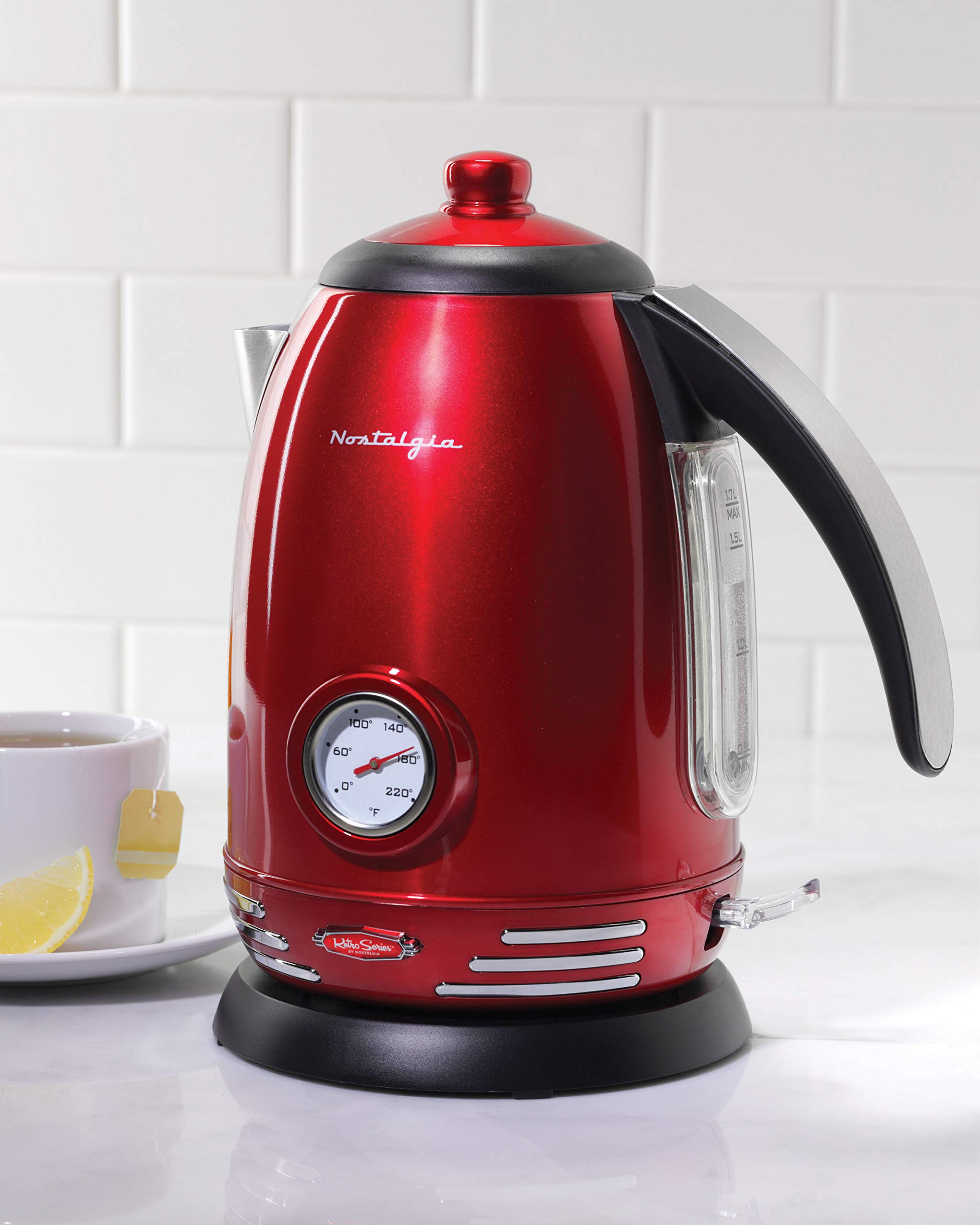 Nostalgia Retro Stainless Steel Electric Tea And Water Kettle, 1.7 Liters, Auto-Shut Off & Boil-Dry Protection, Water Level Indi