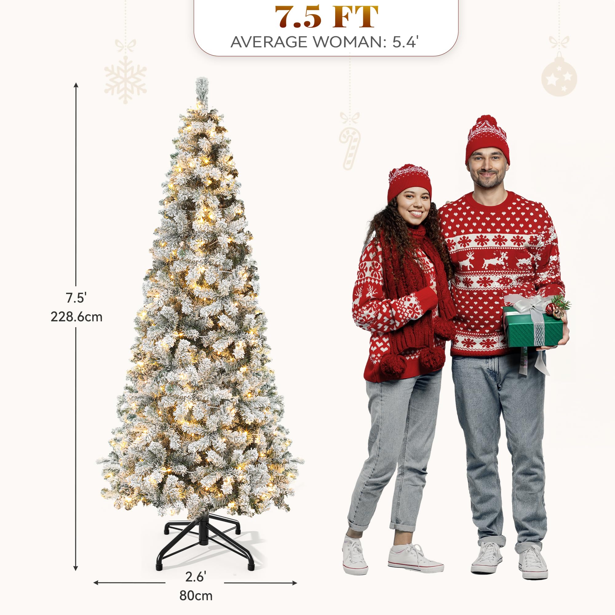 YITAHOME 7.5 FT Snow Flocked Pencil Christmas Tree with Lights, Hinged Slim Corner Xmas Tree w/Remote, Kingswood Fir with 1000 T