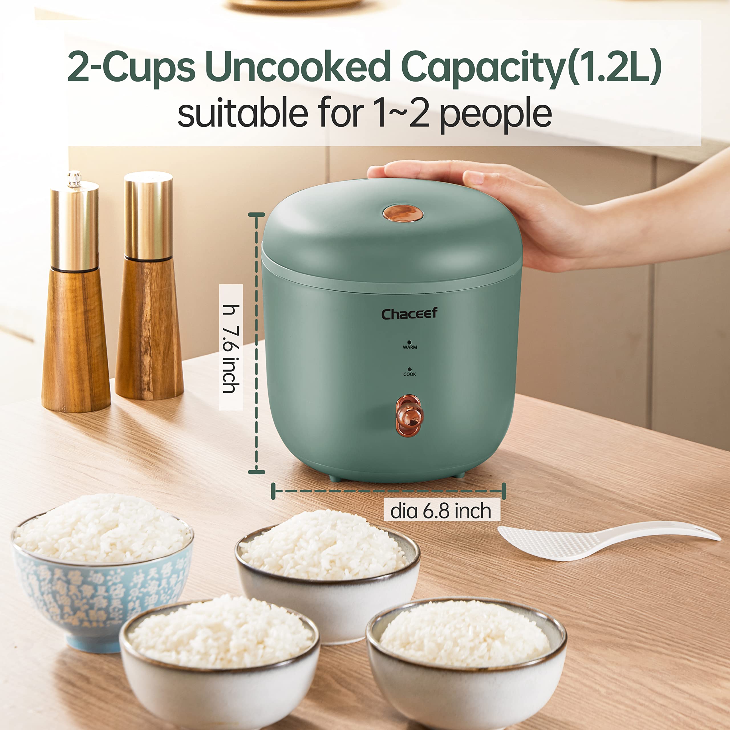 CHACEEF Mini Rice Cooker 2-Cups Uncooked  1.2L Small Rice Cooker with Non-stick Pot  Mini Rice Maker with One Touch & Keep Warm Function  Food Steamer  Green
