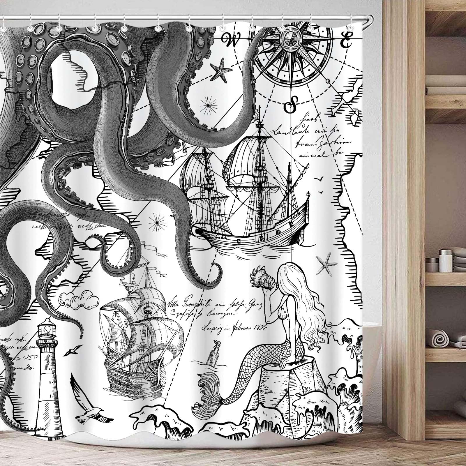Fungarth Black Gray Nautical Octopus Shower Curtain Grey Mermaid Funny Ocean Kraken Shower Curtains For Bathroom Cool Anchor Coa