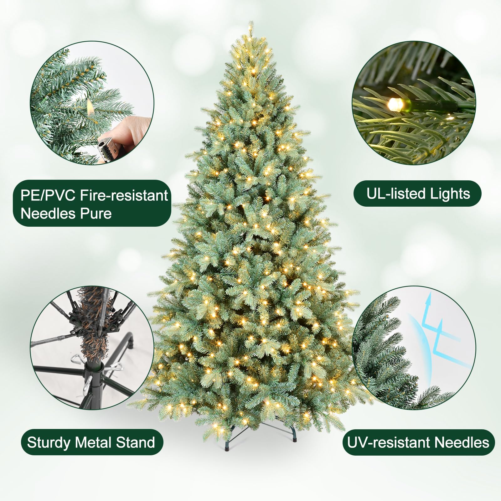 Bulexwish 7ft Prelit Artificial Christmas Tree, Blue Spruce Xmas Tree with Lights & Easy Setup Hinged Design, Realistic PE/PVC N
