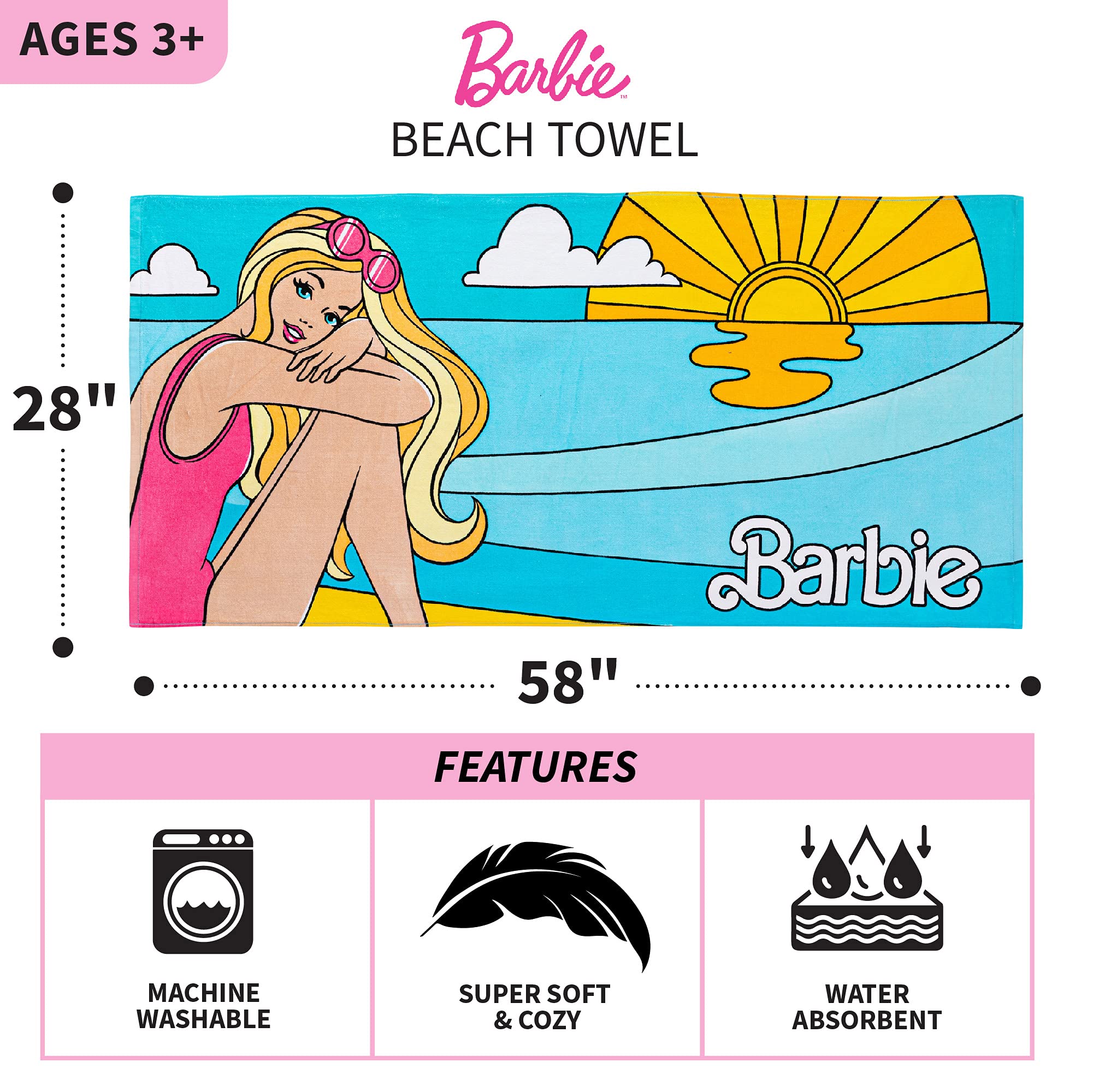 Barbie Super Soft Cotton Bath/Pool/Beach Towel  Barbiecore 58 in x 28 in  (Official Barbie Product) By Franco