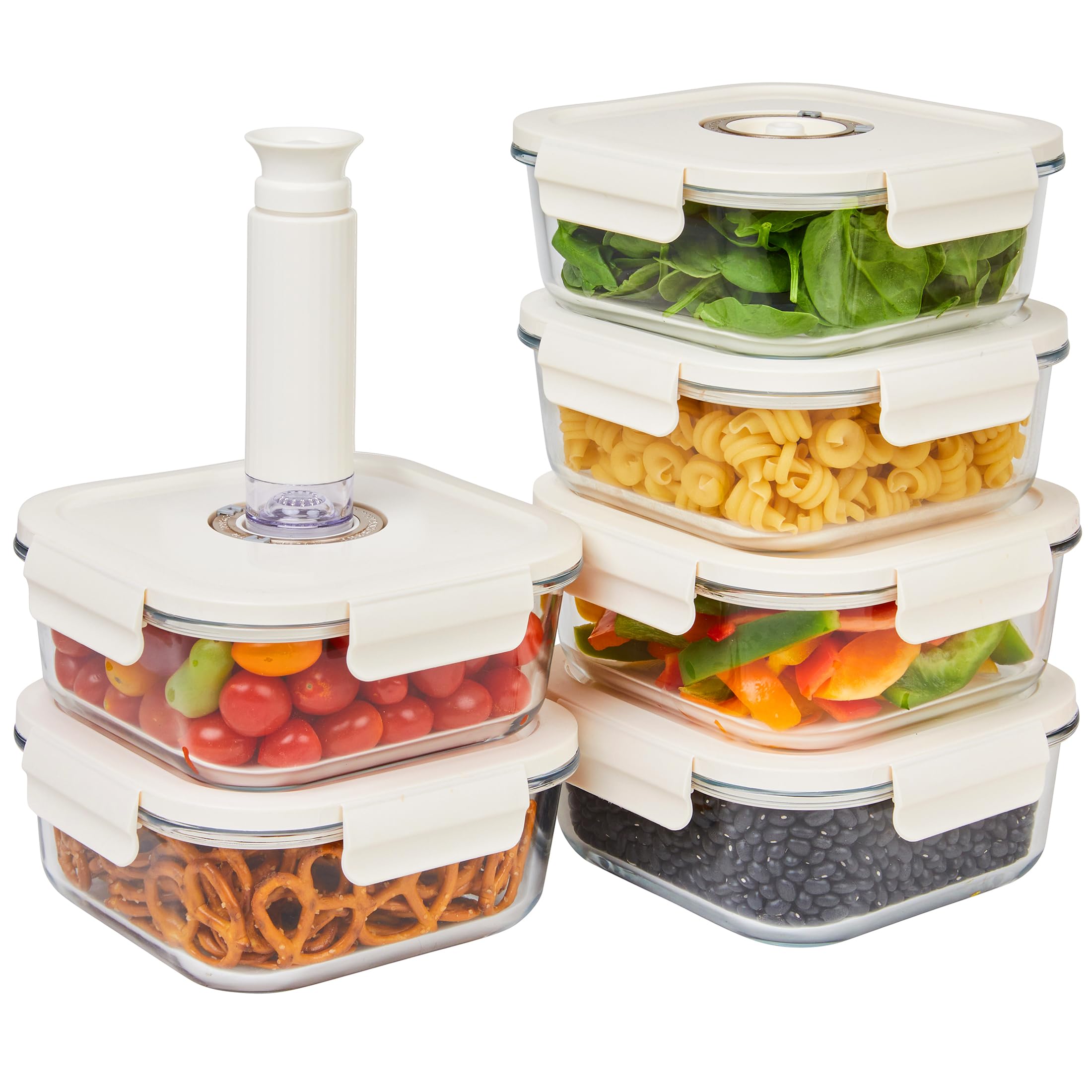 HOLDN STORAGE Vacuum Food Storage Containers, Set of 6 Glass Containers & Manual Pump - Keep Food Fresh Longer, BPA-Free Glass, 