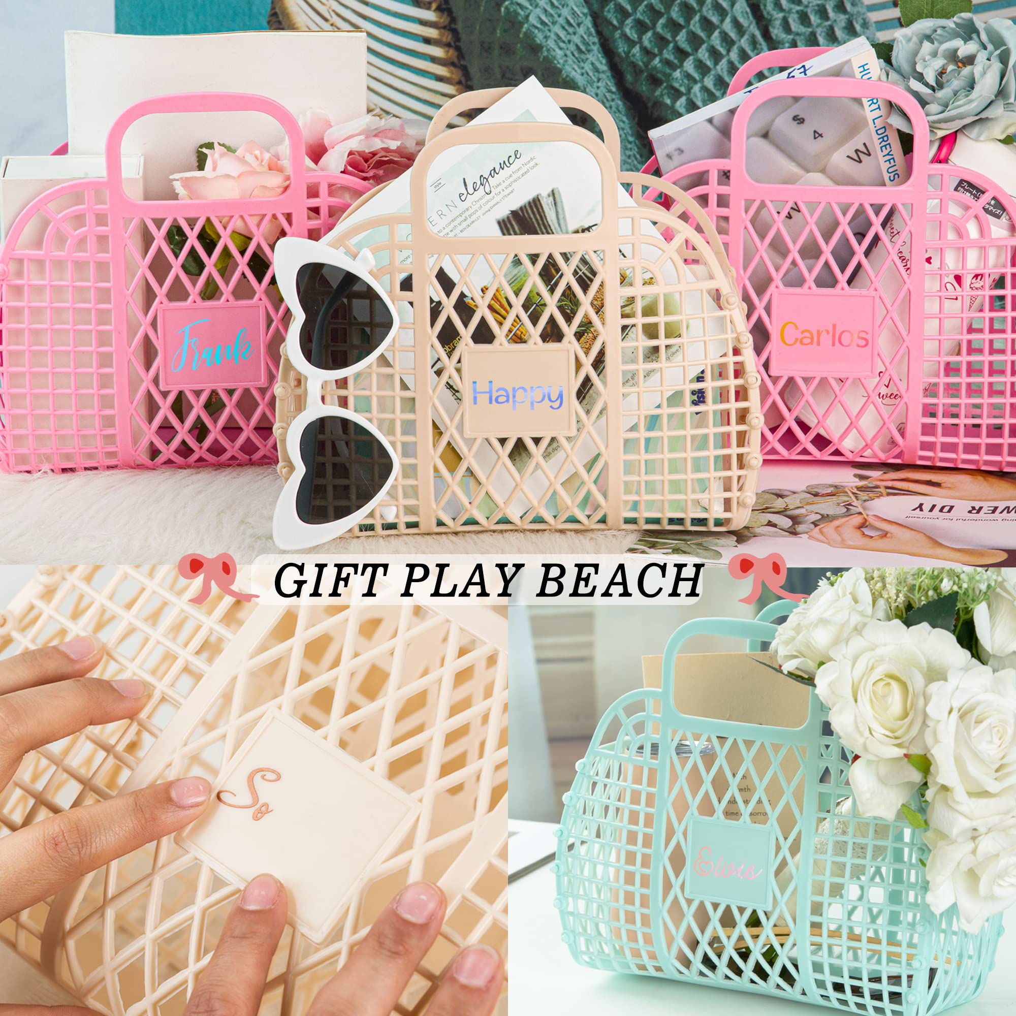 Flycalf Personalized Jelly Bags Beach Basket For Kids, Retro Style Summer Child Gifts Tote Purse Reusable Storage Custom Gift Pl