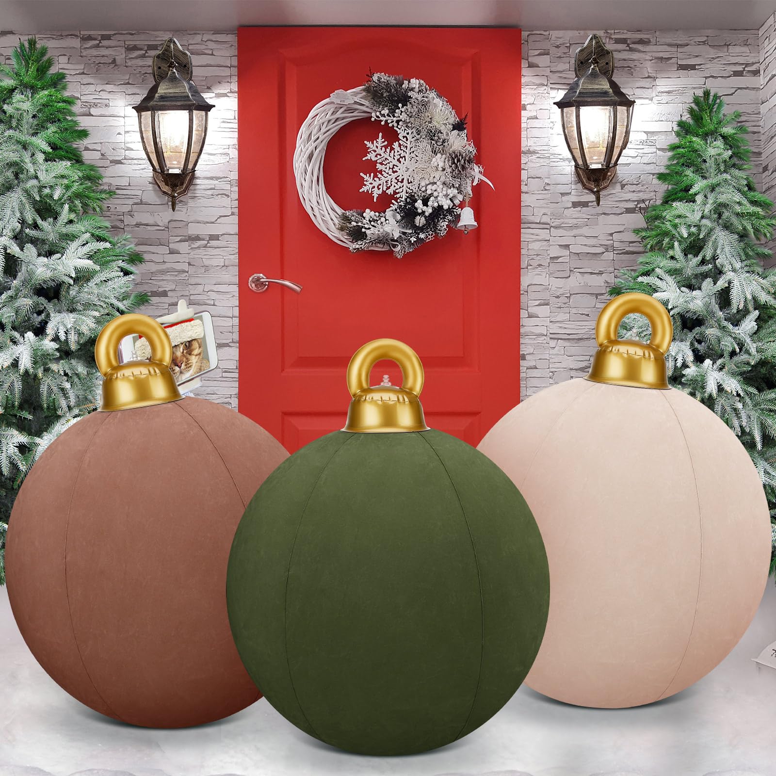Jetec 3 Pcs 32 Inch Giant Velvet Christmas Inflatable Balls Ornament Flocked Xmas PVC Inflatable Flocked Ball Ornaments for Chri