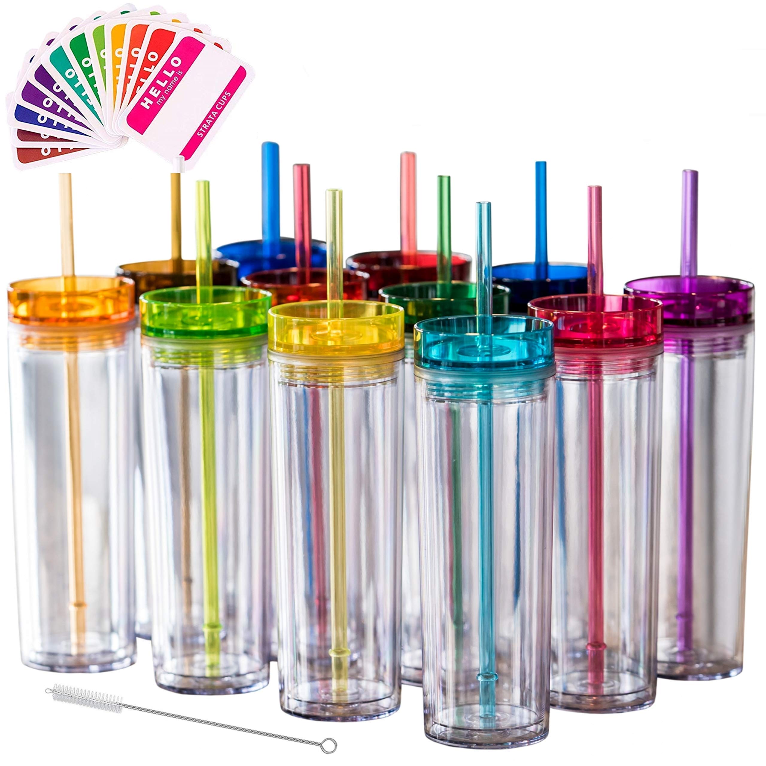 Strata Cups 24 Colored Skinny Clear Tumbler With Lids And Straws | 16Oz Double Wall Clear Acrylic Tumblers Bulk With Free Straw